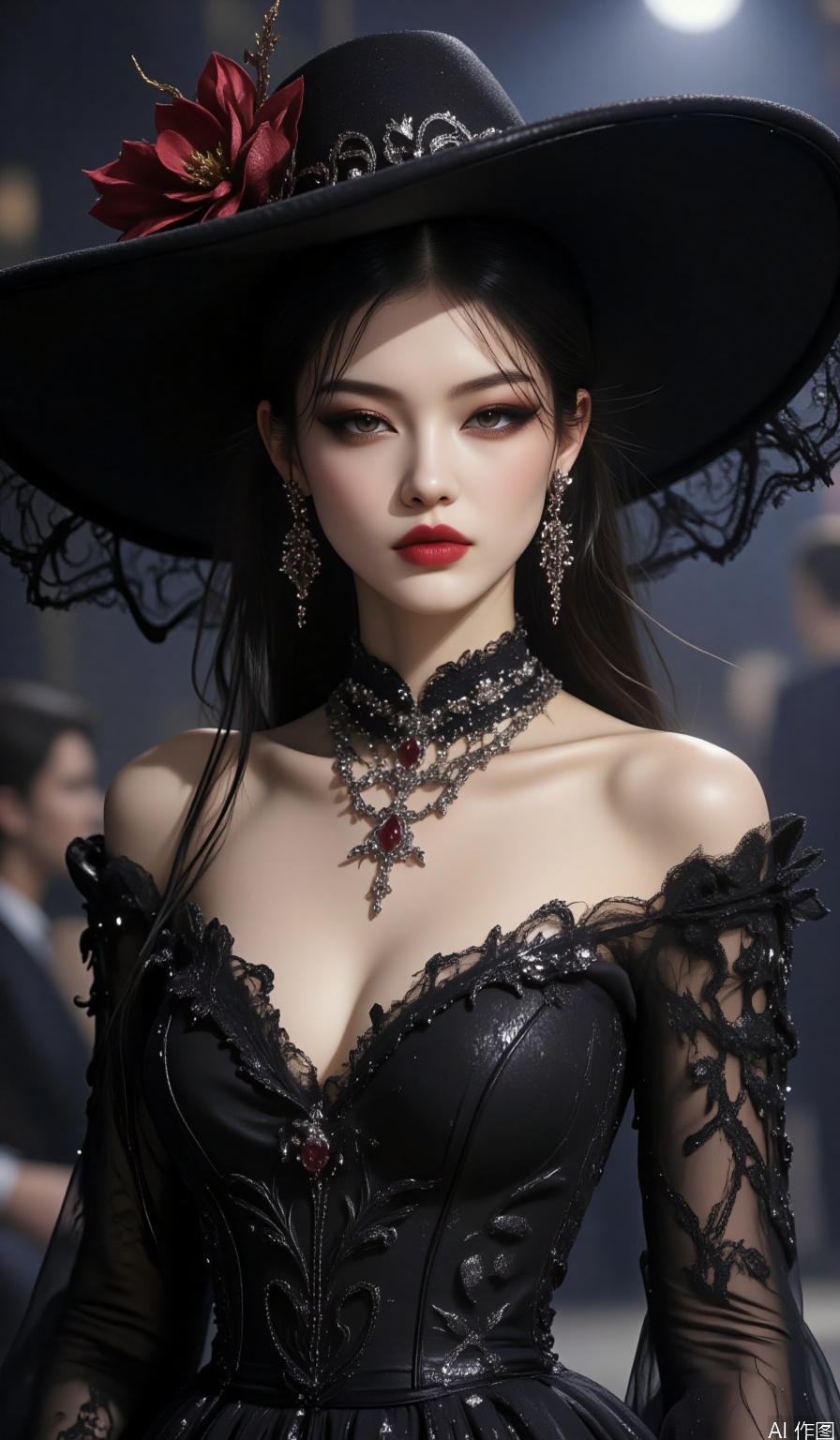 plns,gothic dress,black dress,hat,upper body,solo,makeup,fashion show stage,blurry background, A Gothic - style woman, with deep smoky eye makeup combined with bright red lips, a wide - brimmed hat accessory adding a cold and mysterious touch.