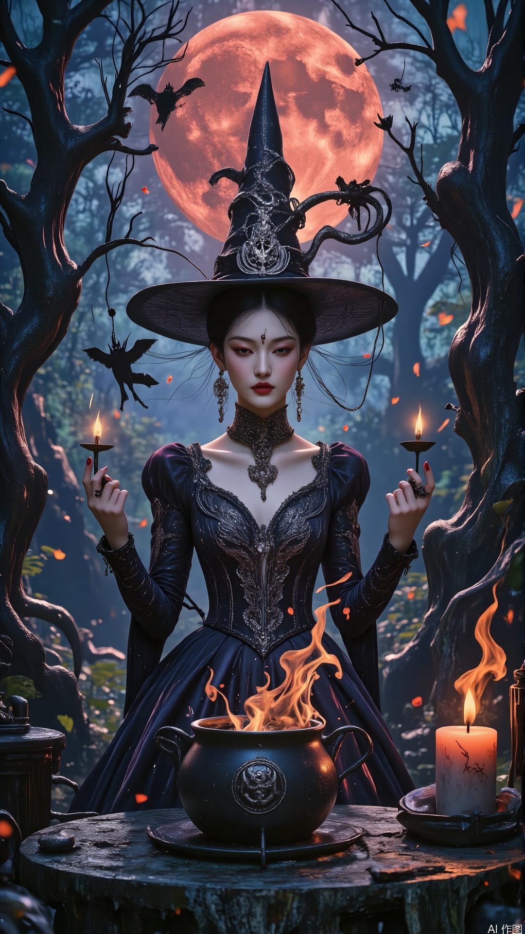 In a haunted forest under a blood - red moon, a witch in a black gothic dress stands beside a bubbling cauldron. The dress is embroidered with arcane symbols in silver thread. Using her magic to create a depth - of - field effect, the gnarled trees and floating spirits blur, spotlighting her as she chants ancient incantations.,vivid color,Oriental Aesthetics