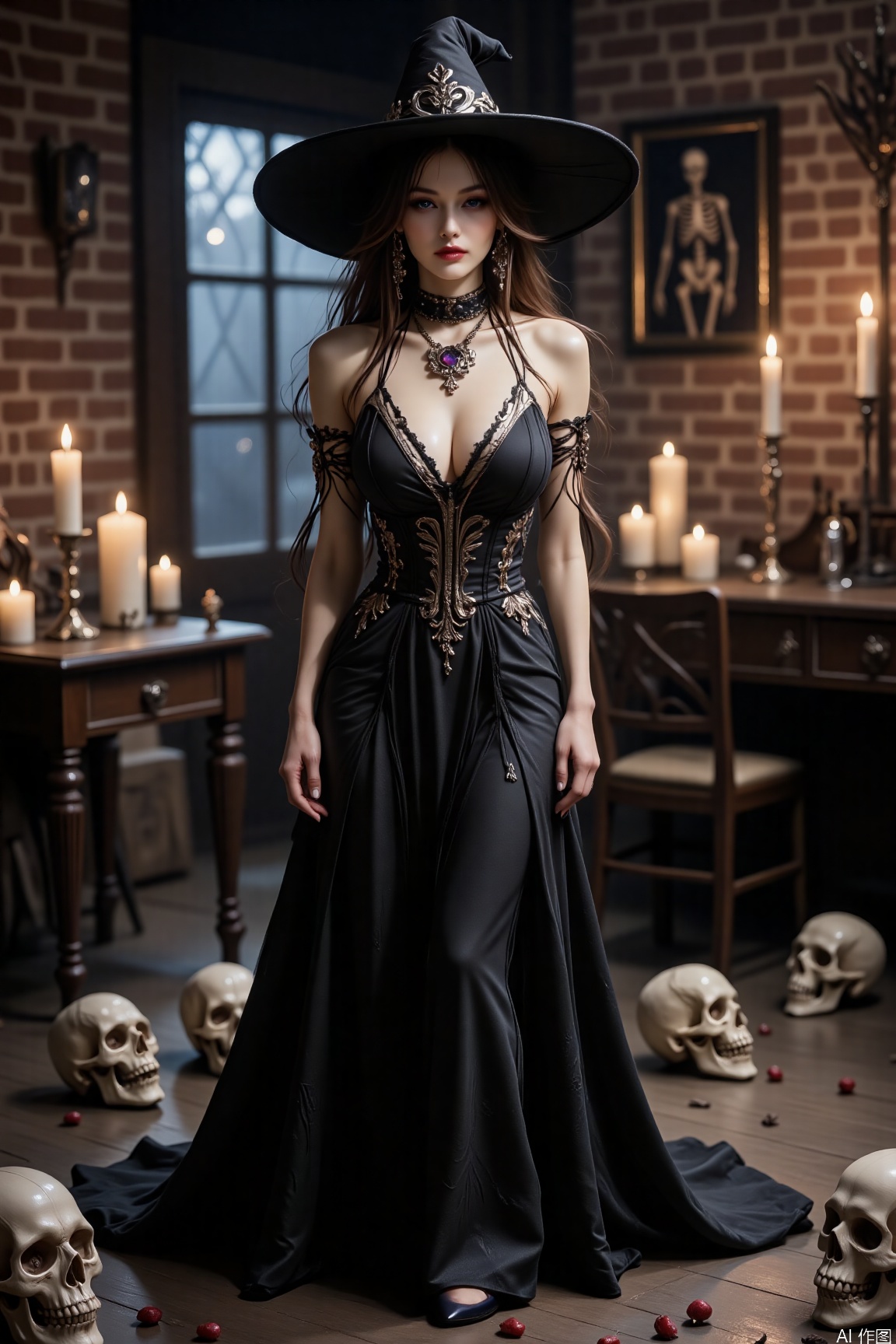 The image depicts a witch standing in a dimly lit room with a rustic, gothic ambiance. She is wearing a long, flowing black gothic dress with intricate designs on the chest area. Her long, dark hair cascades down her back. Witch hat.The room is filled with various candles, some of which are lit, casting a warm, flickering light. There are several human skulls placed on the floor around her, and a few scattered on the table behind her. The table is adorned with more candles and some decorative items, including what appears to be a framed picture of a skeleton on the wall to her right. The room has a brick wall with a window that lets in some light, creating a contrast between the dark interior and the soft illumination. The overall atmosphere is eerie and mysterious, with a gothic or fantasy theme.,