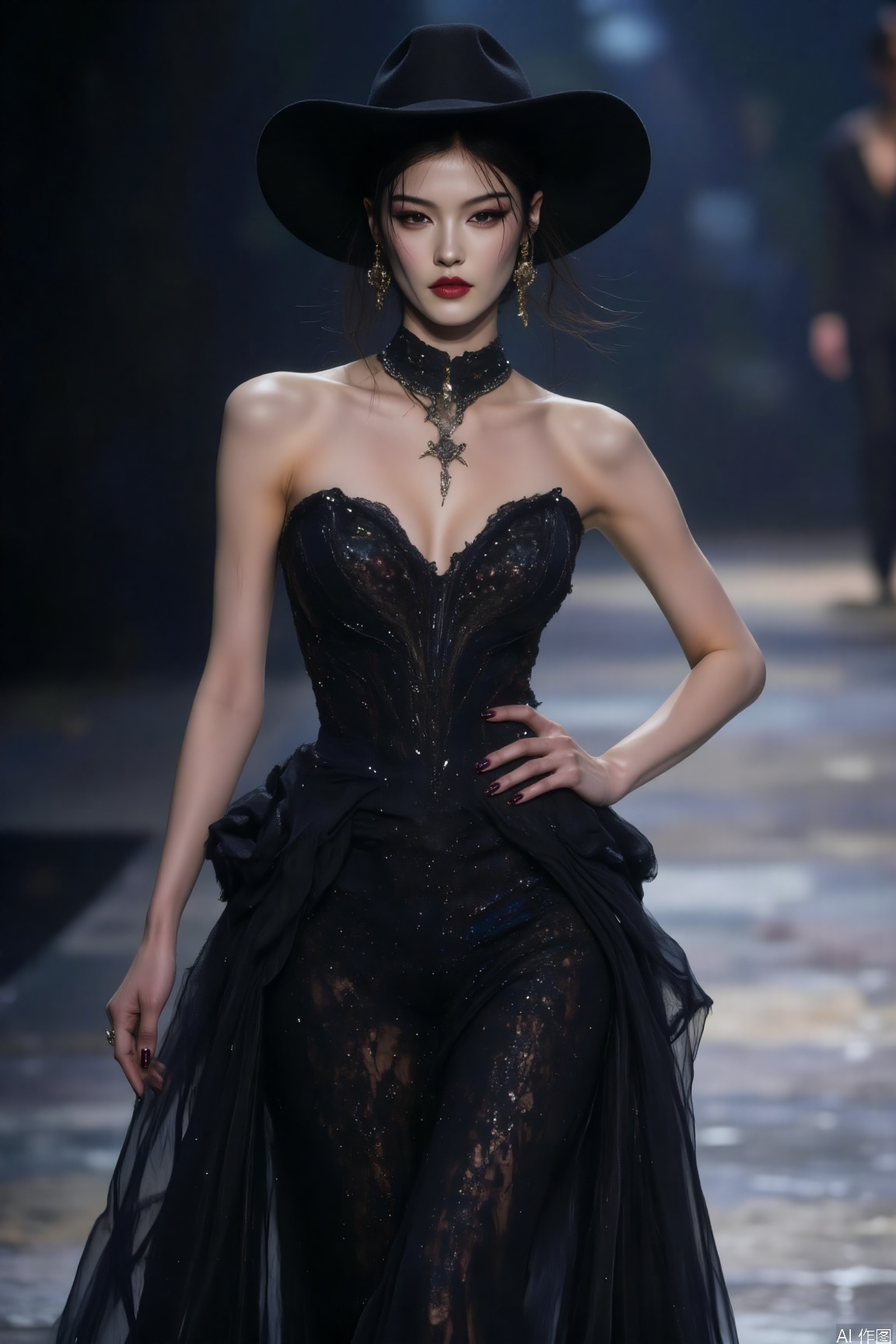 plns,A woman in gothic dress,black dress,hat,upper body,solo,makeup,fashion show stage,blurry background,makeup, exuding a mysterious and alluring aura.