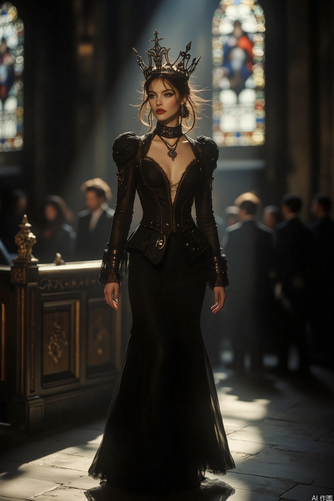 Inside the abandoned Gothic church, a tall and slender female model is posing elegantly. She is in a floor-length black Gothic dress. Black pantyhose,bust.The slim design outlines her graceful figure, and the rivets on the collar and cuffs shine with cold light. The light shining through the stained glass windows in the church creates a mysterious depth of field. Under the interweaving of light and shadow, the character stands out even more, just like a night elf.,gothic dress,crown