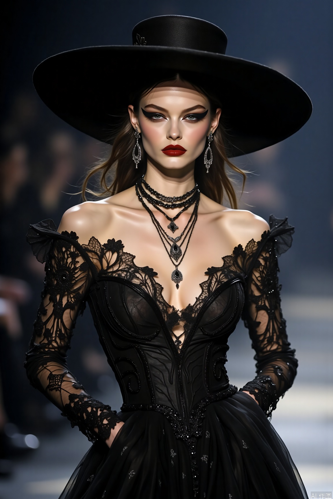 plns,gothic dress,black dress,hat,upper body,solo,makeup,fashion show stage,blurry background, A mysterious dark - themed woman, with thick eyeliner paired with bright red lips, multiple - layer necklaces and lace clothing adding a sense of magnificent charm.