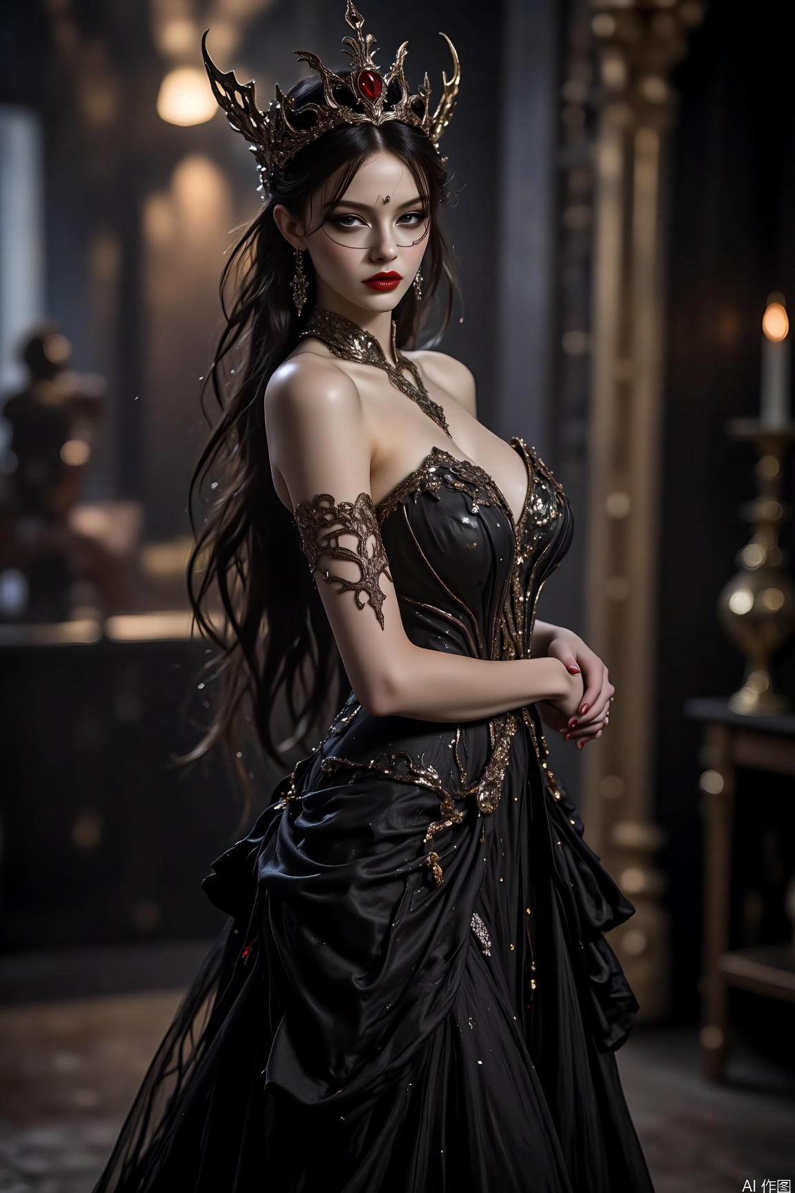 plns,A woman in gothic dress,black dress,upper body,solo,makeup,blurry background,makeup, exuding a mysterious and alluring aura.