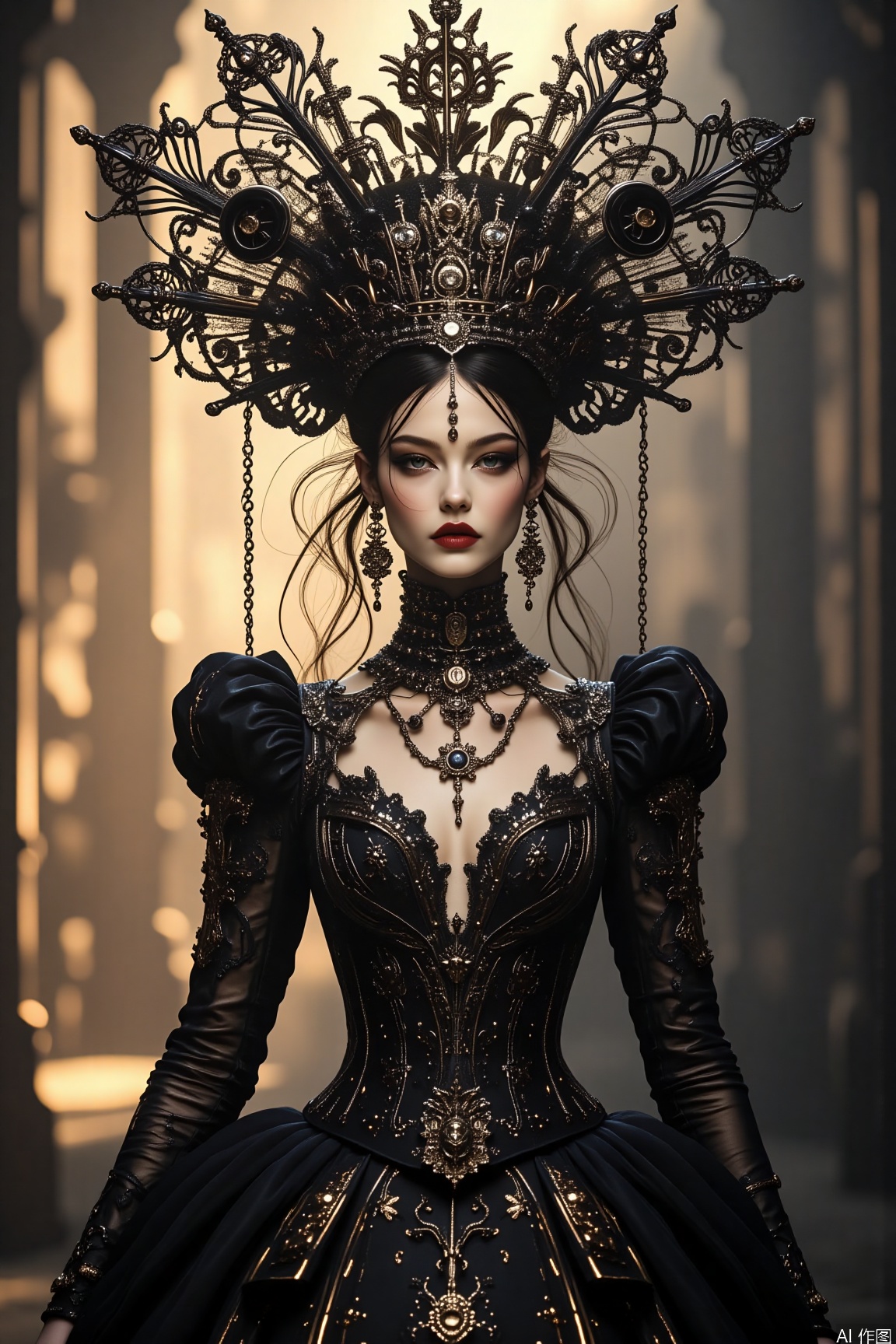 Portrait, dynamic angle, the background is paper-cut light and shadow cascades of cold and warm, strong contrast between cold and warm, minimalist, deconstructed art, high-end, artistic, majestic, mysterious, sacred,Mechanical girl,gothic dress