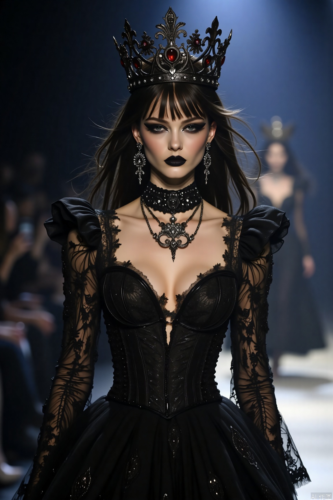 plns,gothic dress,crown,upper body,solo,makeup,fashion show stage,blurry background, black dress, A Gothic - style woman with unique eye makeup combined with dark lip makeup, the overall look exuding dark charm and a sense of fashion.
