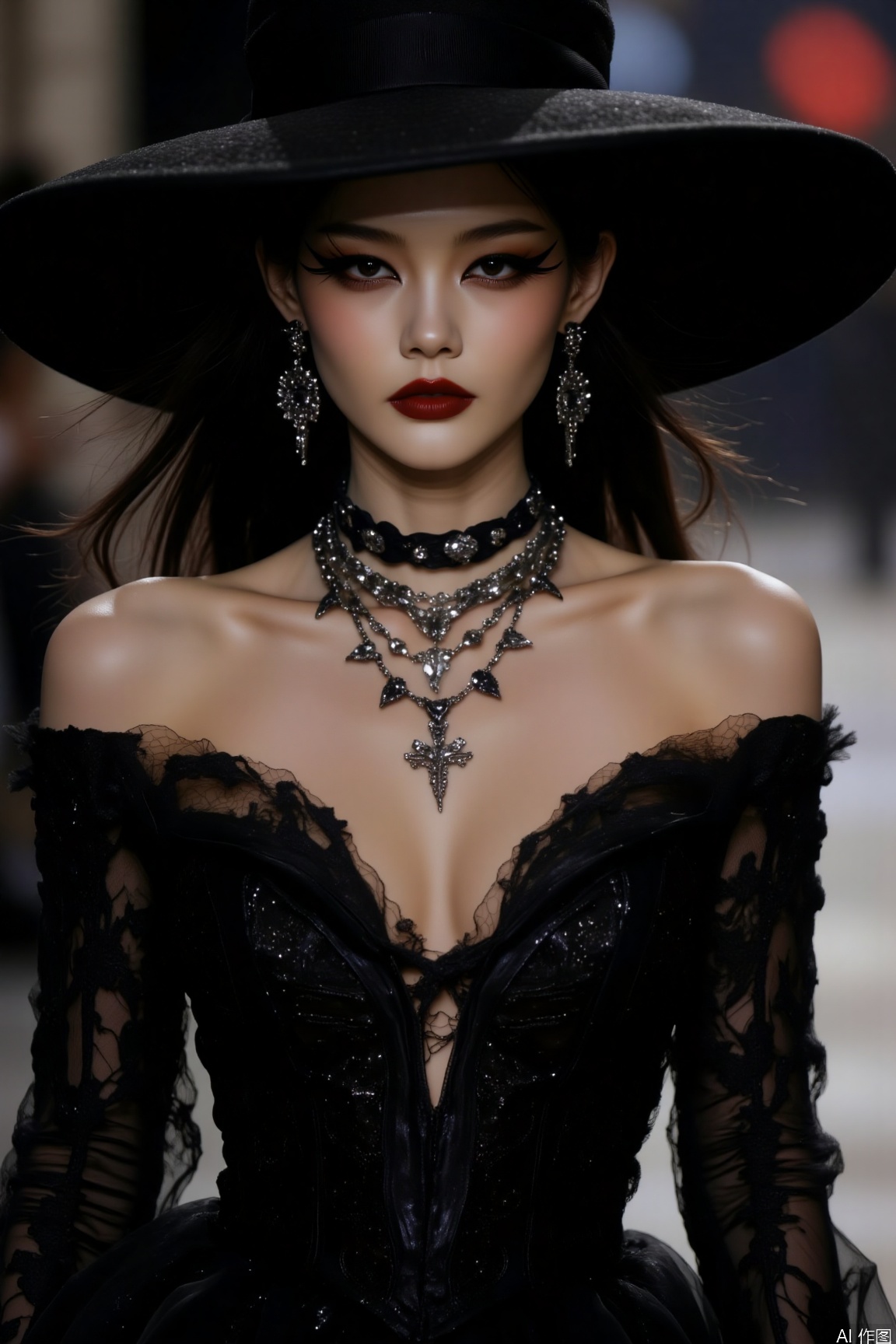 plns,gothic dress,black dress,hat,upper body,solo,makeup,fashion show stage,blurry background, A mysterious dark - themed woman, with thick eyeliner paired with bright red lips, multiple - layer necklaces and lace clothing adding a sense of magnificent charm.