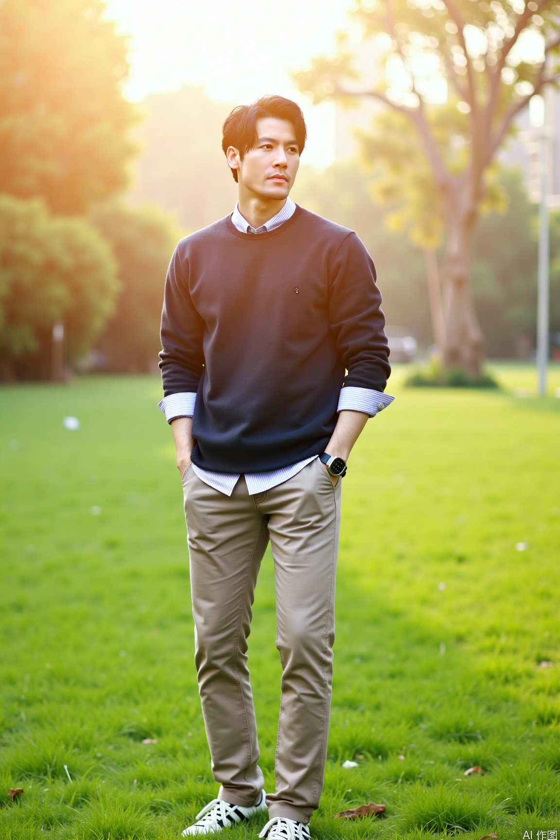 Under the warm spring sun, an Asian male model stands on the lush green grass, with a tall and straight posture, posing with one hand in his pocket. The depth-of-field effect blurs the background to highlight his handsomeness.