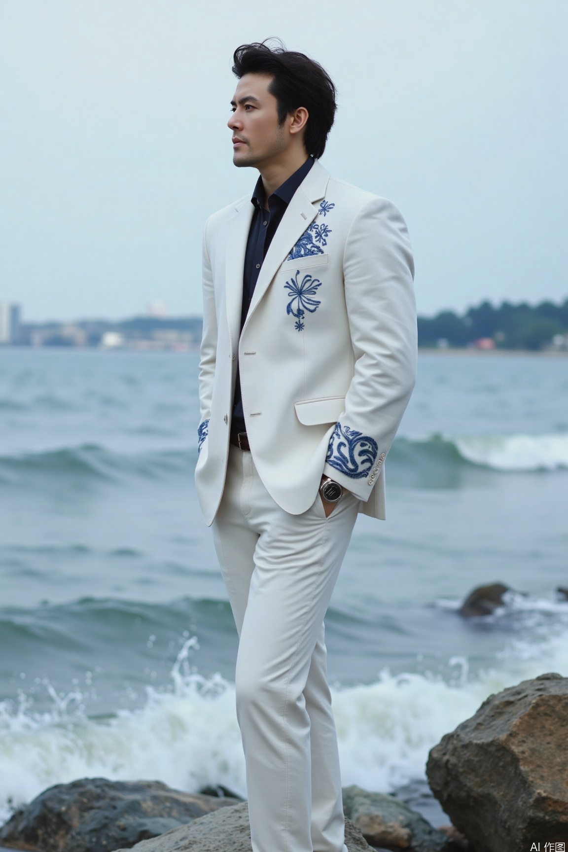 A debonair handsome man stands on a seaside rock, his hair slightly tousled by the sea breeze, and his gaze deep and focused. He wears a white suit with exquisite blue embroidery on the cuffs and collar, paired with a dark blue tie. With his hands behind his back, he gazes at the distant horizon, while white foam from the waves churns beneath his feet. The image is captured with a Sony A7R III, at an aperture of f/4, shutter speed of 1/200 second, and ISO 200. The overall tone is cool, creating a tranquil and mysterious atmosphere, with a slight graininess, as if immersed in an oil painting.,motion blur effect,cinematic texture background