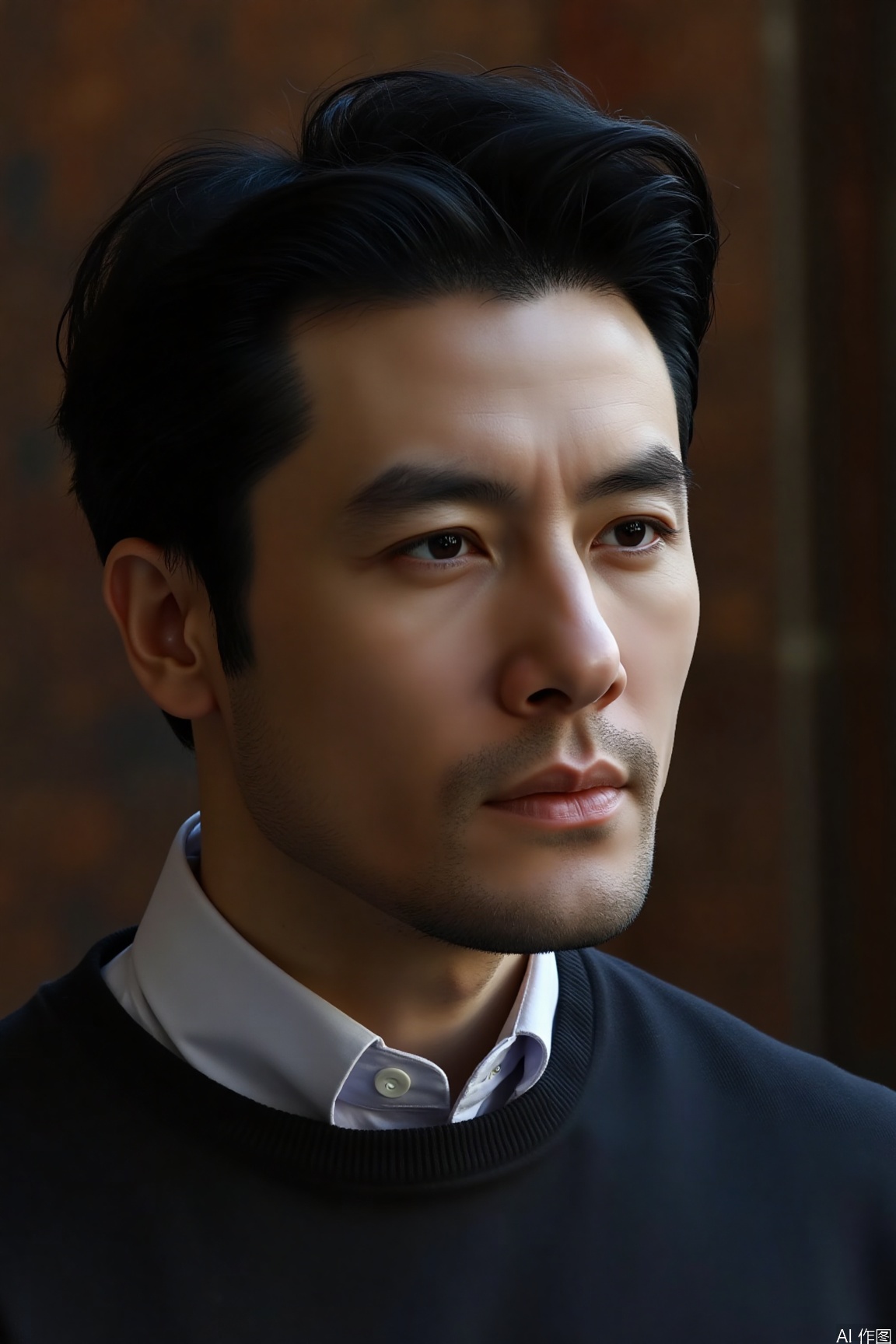 jzns,saz,mature men,His slicked-back hair is neatly combed, and the shine of the hair wax glitters under the light.,shot with a Canon 5D Mark IV at f/1.8, 1/100s. The tone is elegant, with a slight retouch effect to highlight the portrait quality.,motion blur effect,cinematic texture background