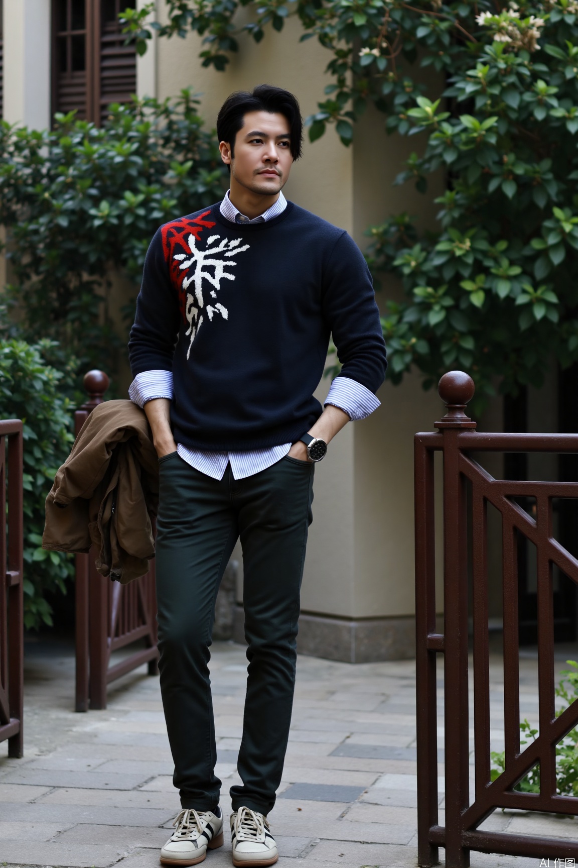 jzns,saz, This man has a slender figure and an upright posture, giving an elegant impression. He wears a dark blue sweater with red and white patterns, paired with a striped shirt, looking very tasteful. One hand rests on the railing while the other is in his pocket, looking relaxed and comfortable. footwear.full body.The background is a lush courtyard, creating a natural and peaceful atmosphere., full body.shot with a Canon 5D Mark IV at f/1.8, 1/100s. The tone is elegant, with a slight retouch effect to highlight the portrait quality.,motion blur effect,cinematic texture background