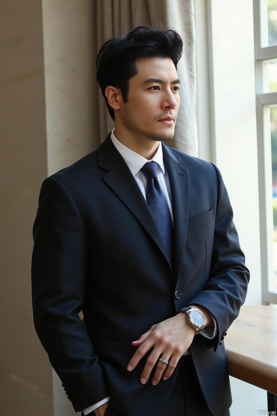 By the sunny window, a refined man is posing elegantly. He is wearing a well - tailored light navy suit with a sapphire blue tie, highlighting his perfect body proportion. The limited - edition watch on his wrist shines with metallic luster, complementing his meticulously manicured nails. He slightly turns sideways, with his left hand gently resting on the table and his right hand hanging naturally. His deep eyes gaze into the distance, with a faint smile on his lips, exuding confidence and charm.,motion blur effect,cinematic texture background