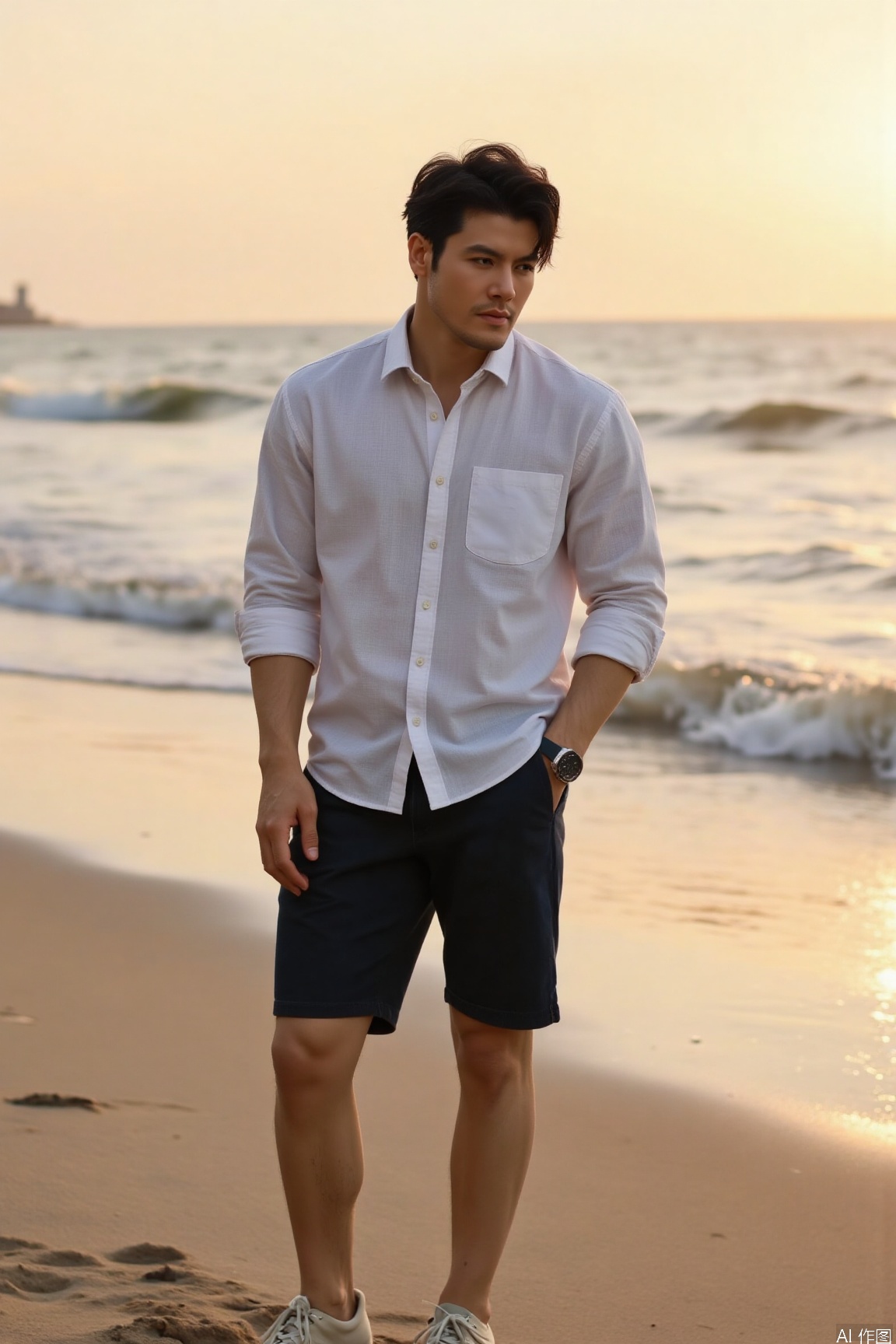 Under the setting sun by the sea, a handsome man stands on the beach, his silhouette gilded by the sunset. A close-up shot captures his strong jawline and slightly narrowed eyes. He is wearing a loose white linen shirt paired with dark blue shorts and canvas shoes, with the shirt's hem gently fluttering in the wind. With his hands in his pockets and a slight bow of his head, he appears to be lost in thought. In the distance, the shimmering sea waves lap gently against the shore, creating a tranquil and romantic atmosphere. Shot with a Fujifilm X-T4 camera, aperture f/2.2, shutter speed 1/100 second, and focal length 56mm. The overall tone is warm, with a soft orange hue to create a cozy ambiance.,jzns,saz,motion blur effect,cinematic texture background
