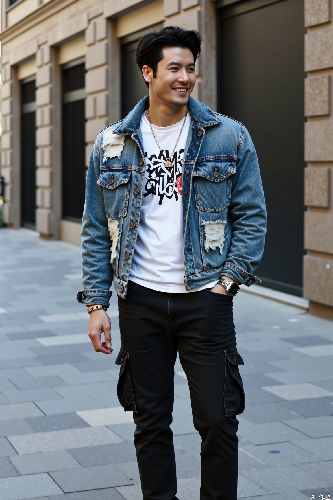 A young Asian male model appears on the fashionable street. His wheatish complexion glows with a healthy sheen. He is wearing a ripped denim jacket, a white T-shirt with unique graffiti inside, black cargo pants, and trendy skateboard shoes. There is a cool necklace around his neck. With one hand in his pocket and a smile on his lips, he fully shows his unruly and handsome style.
