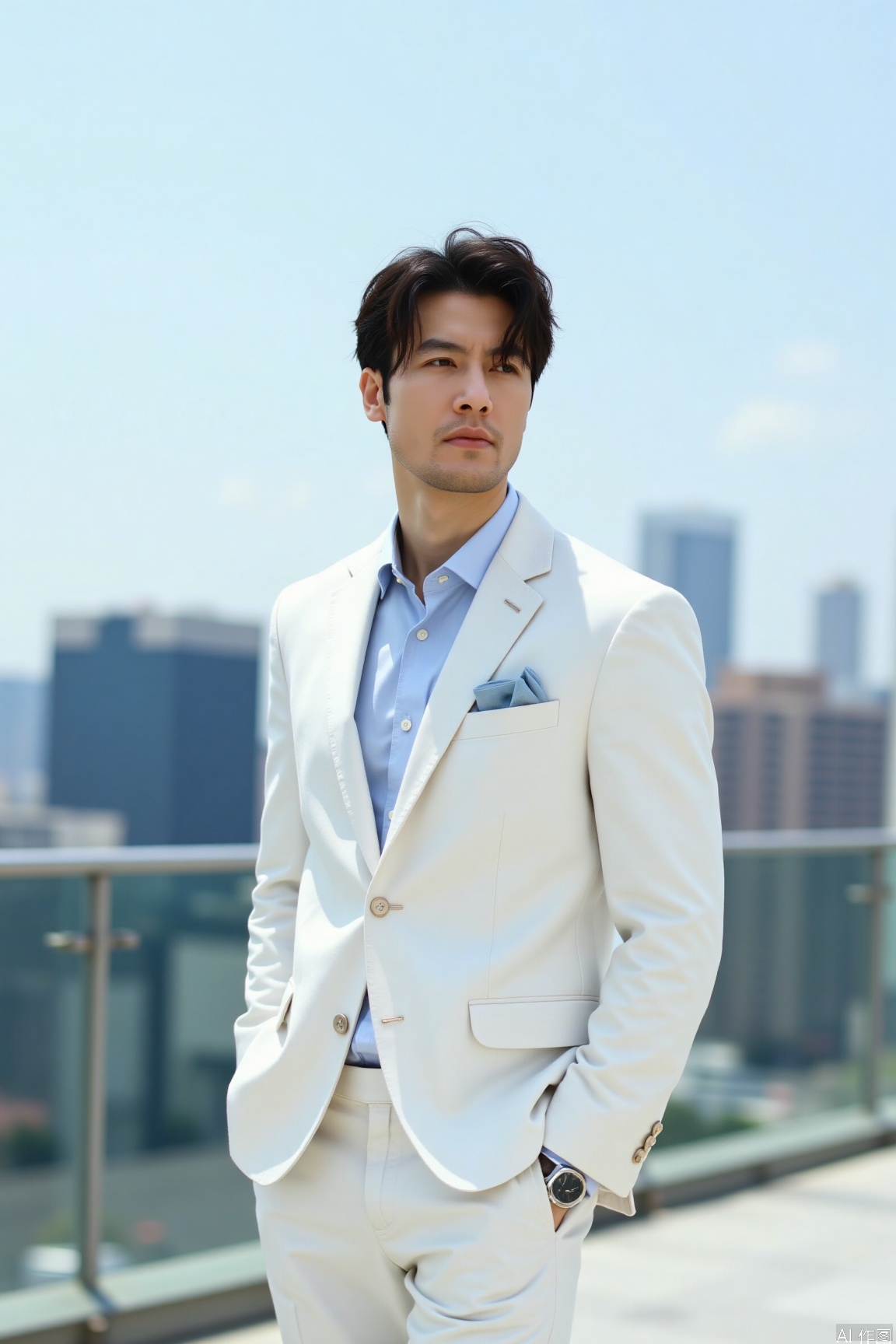 On the top terrace of the urban office building, the male model shows a confident aura. He is wearing a white Italian-style suit. The slim cut outlines the perfect body proportions, and a light blue handkerchief is neatly folded and placed in the pocket of the suit jacket. Facing the gentle breeze, he puts his hands in his pockets and walks forward with big strides, each step firm and powerful. Looking up at the blue sky, the sunlight shines on his face, outlining his distinct features. His hair flutters in the wind, and behind him are row upon row of high-rise buildings. It seems that the whole city is his stage, and he is the leading role in control of the whole scene, showing his boldness and freedom.,motion blur effect,cinematic texture background