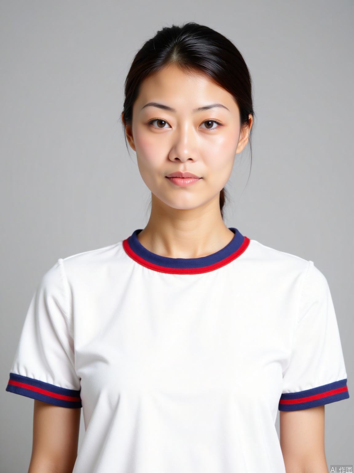 A serene portrait of a young woman: a canvas of porcelain skin, dark hair tied back in a sleek silhouette, against a neutral studio backdrop. Her white top features bold red and blue stripes on the collar, drawing attention to her radiant complexion. She stands center-framed, sans distractions, inviting contemplation.