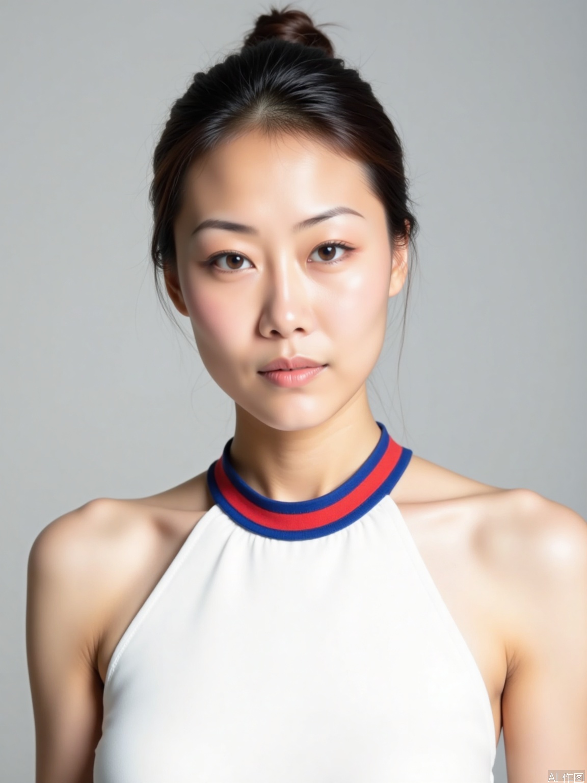 A serene portrait of a young woman: a canvas of porcelain skin, dark hair tied back in a sleek silhouette, against a neutral studio backdrop. Her white top features bold red and blue stripes on the collar, drawing attention to her radiant complexion. She stands center-framed, sans distractions, inviting contemplation.