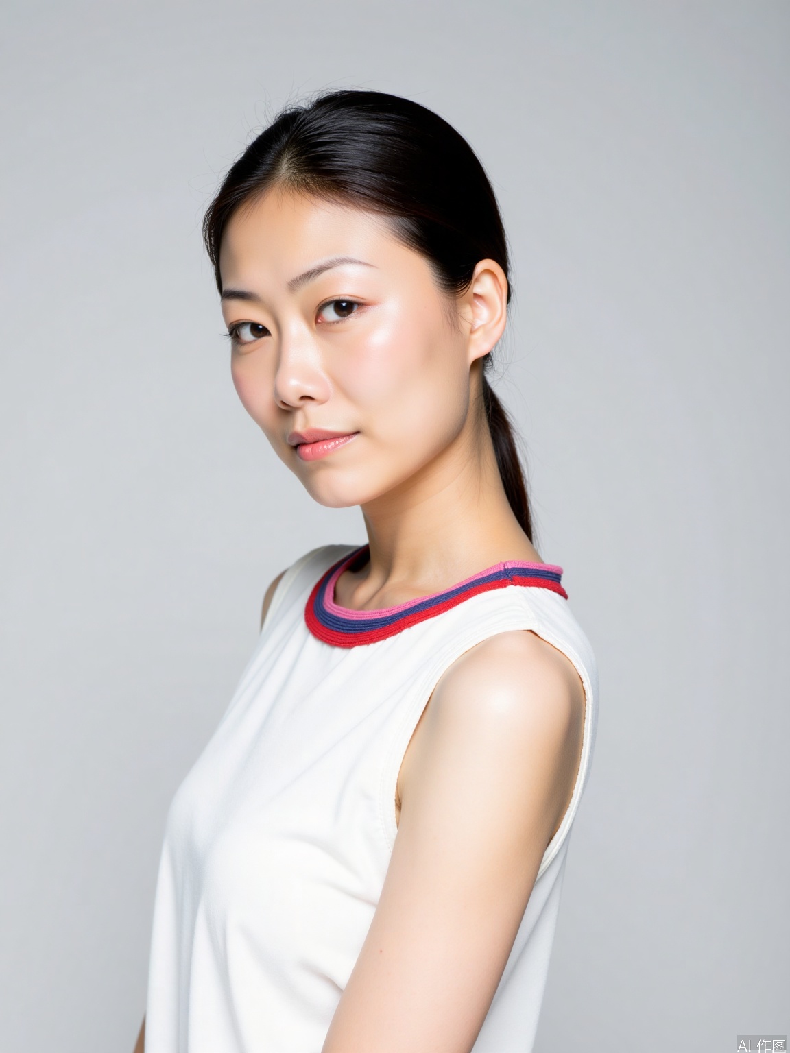 A serene portrait of a young woman: a canvas of porcelain skin, dark hair tied back in a sleek silhouette, against a neutral studio backdrop. Her white top features bold red and blue stripes on the collar, drawing attention to her radiant complexion. She stands center-framed, sans distractions, inviting contemplation.