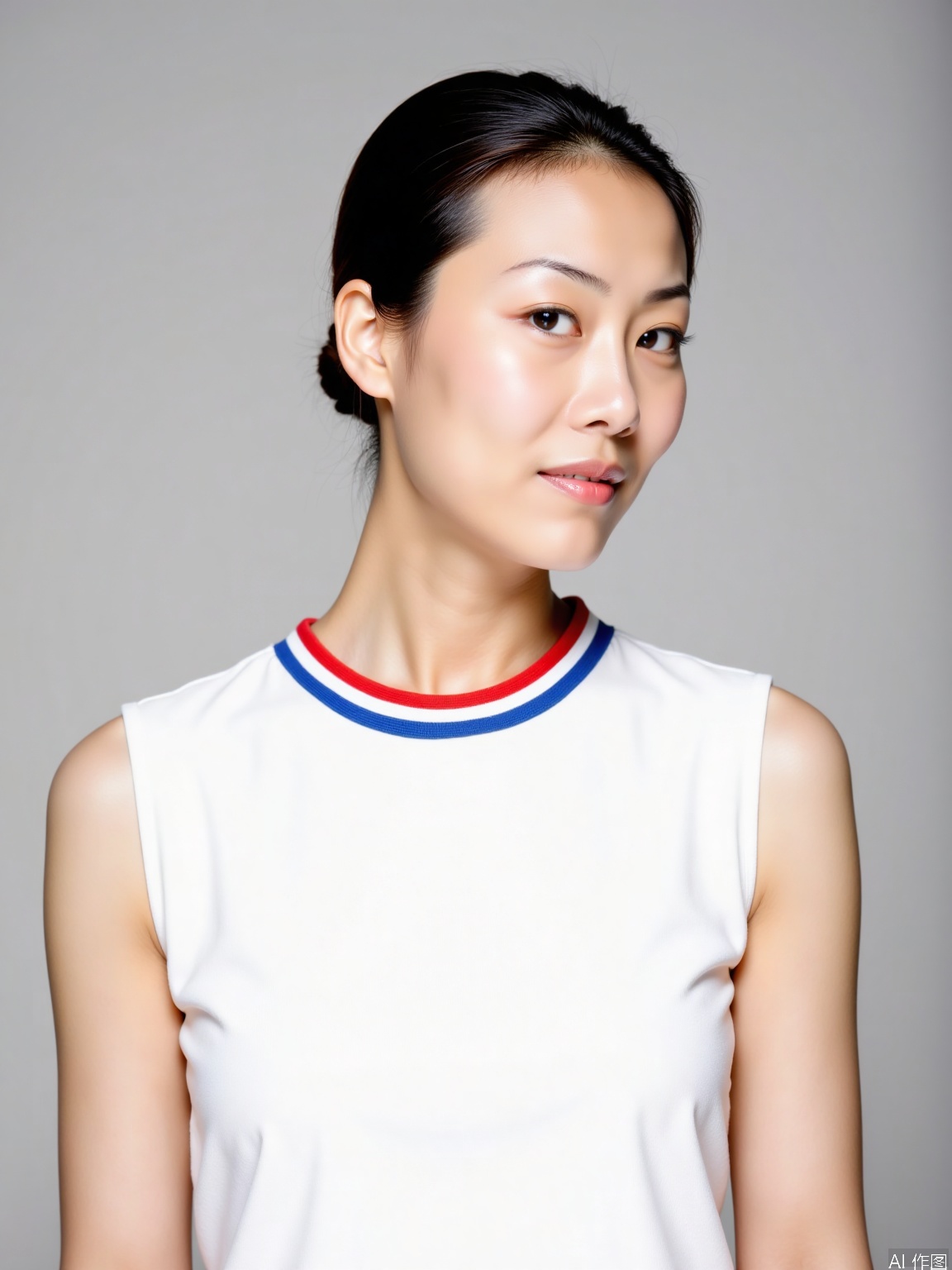A serene portrait of a young woman: a canvas of porcelain skin, dark hair tied back in a sleek silhouette, against a neutral studio backdrop. Her white top features bold red and blue stripes on the collar, drawing attention to her radiant complexion. She stands center-framed, sans distractions, inviting contemplation.