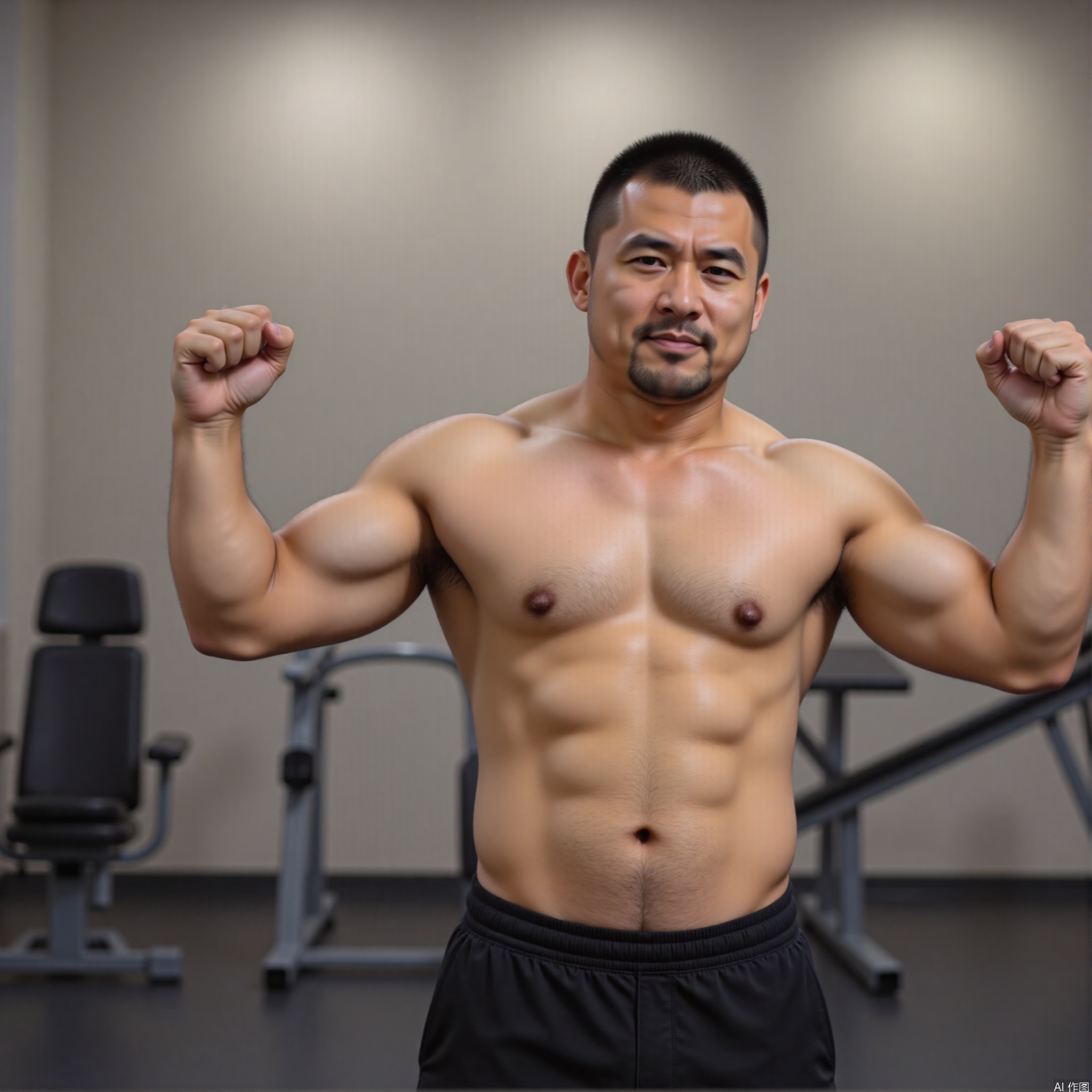A man is exercising in the gym and has a beefy body,looking_at_viewer,1man,strongbear