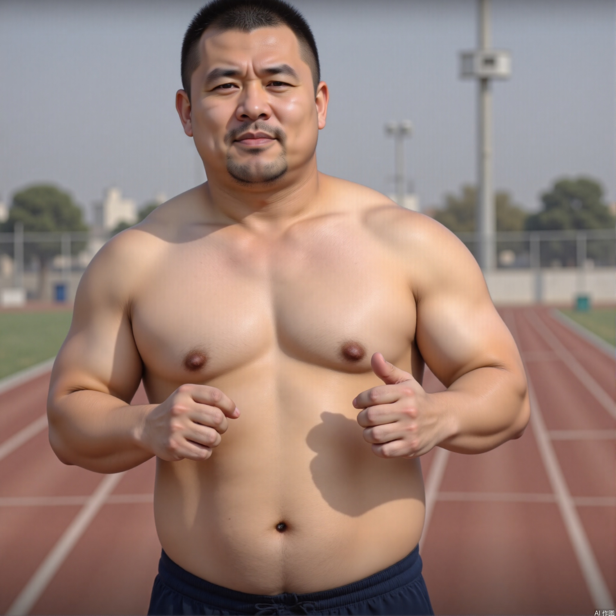 1man,strongbear,beefy,
The man is very handsome, with a slutty face on his face, a thick chest with a small amount of fat accumulation, a sign of exercise on his abdomen but no muscle profile, and a small amount of fat accumulation. The whole body is commonly known as the perfect fat-covered body. At this time, he was running on the track.,