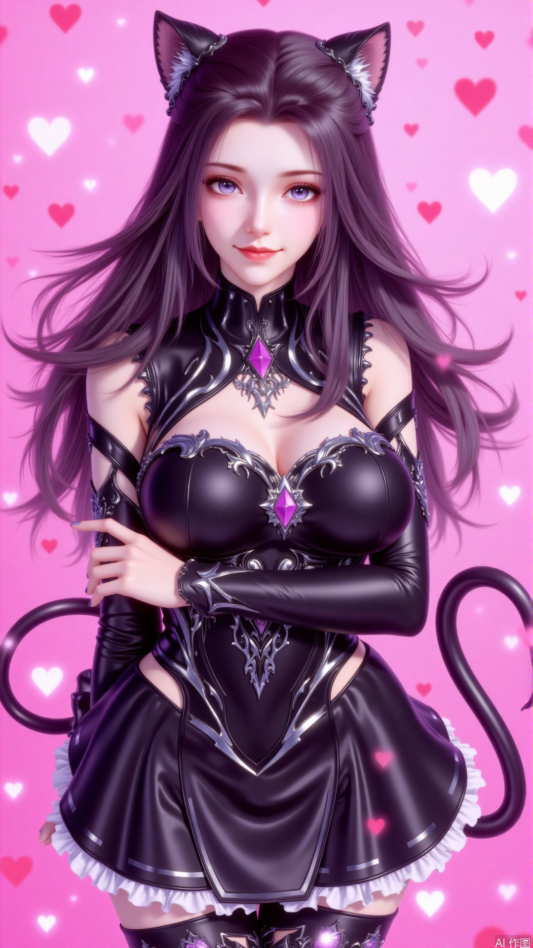 The image depicts a stylized, anime-inspired character with long, flowing dark hair. The character is adorned with black cat ears and a black outfit that features intricate silver designs and a prominent gemstone on the chest. The background is a vibrant pink, filled with scattered white and red hearts, creating a romantic and whimsical atmosphere. The character's expression is calm and confident, with a slight smile and direct gaze.