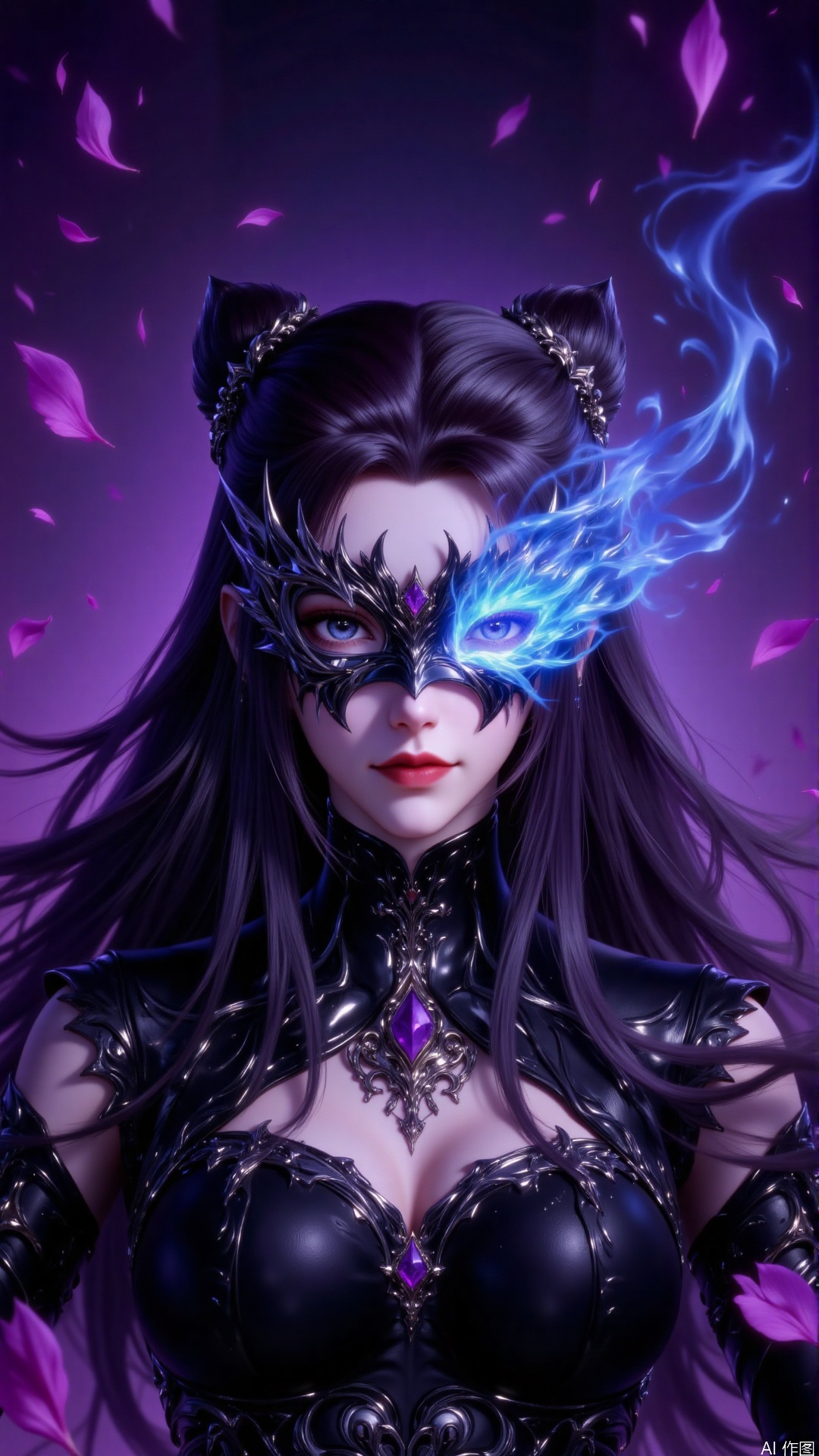 This photo depicts a stylized, digitally rendered character with long flowing black hair adorned with delicate little accessories. The character wore a black turtleneck costume and a prominent ornate necklace that was set with a huge purple gem. The character's eyes are partially covered by a black, gorgeous mask with a sharp, angular design on the mask, and the other eye is visible, revealing a striking blue color. The right side of the mask emits a glowing blue energy similar to a flame or magic effect. The background is a gradient of dark purple and pink, with delicate floating petals or leaves adding a whimsical, ethereal atmosphere.