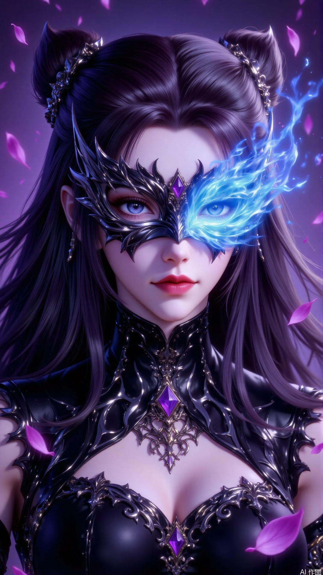 This photo depicts a stylized, digitally rendered character with long flowing black hair adorned with delicate little accessories. The character wore a black turtleneck costume and a prominent ornate necklace that was set with a huge purple gem. The character's eyes are partially covered by a black, gorgeous mask with a sharp, angular design on the mask, and the other eye is visible, revealing a striking blue color. The right side of the mask emits a glowing blue energy similar to a flame or magic effect. The background is a gradient of dark purple and pink, with delicate floating petals or leaves adding a whimsical, ethereal atmosphere.