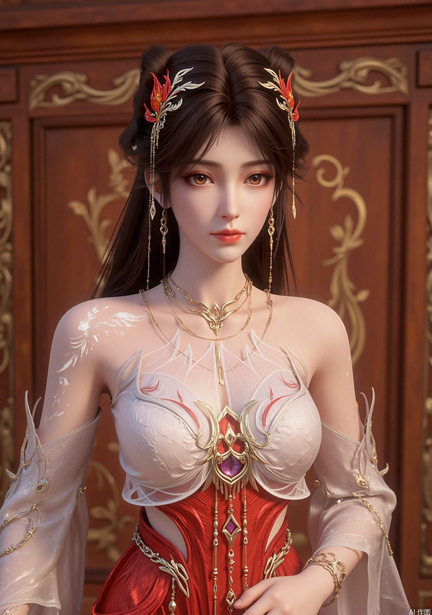 The image depicts a digitally rendered character with intricate and ornate attire. The character has long, dark hair styled in an elegant manner, adorned with golden and red decorative elements that resemble leaves or floral motifs. The character is wearing a detailed, white and red outfit with a delicate, intricate design, and a matching necklace with a central pendant. The background features a wooden panel with golden patterns, suggesting a traditional or historical setting. The overall aesthetic is highly detailed and artistic, with a focus on the character's elaborate appearance.,zichu-TS-huolinger