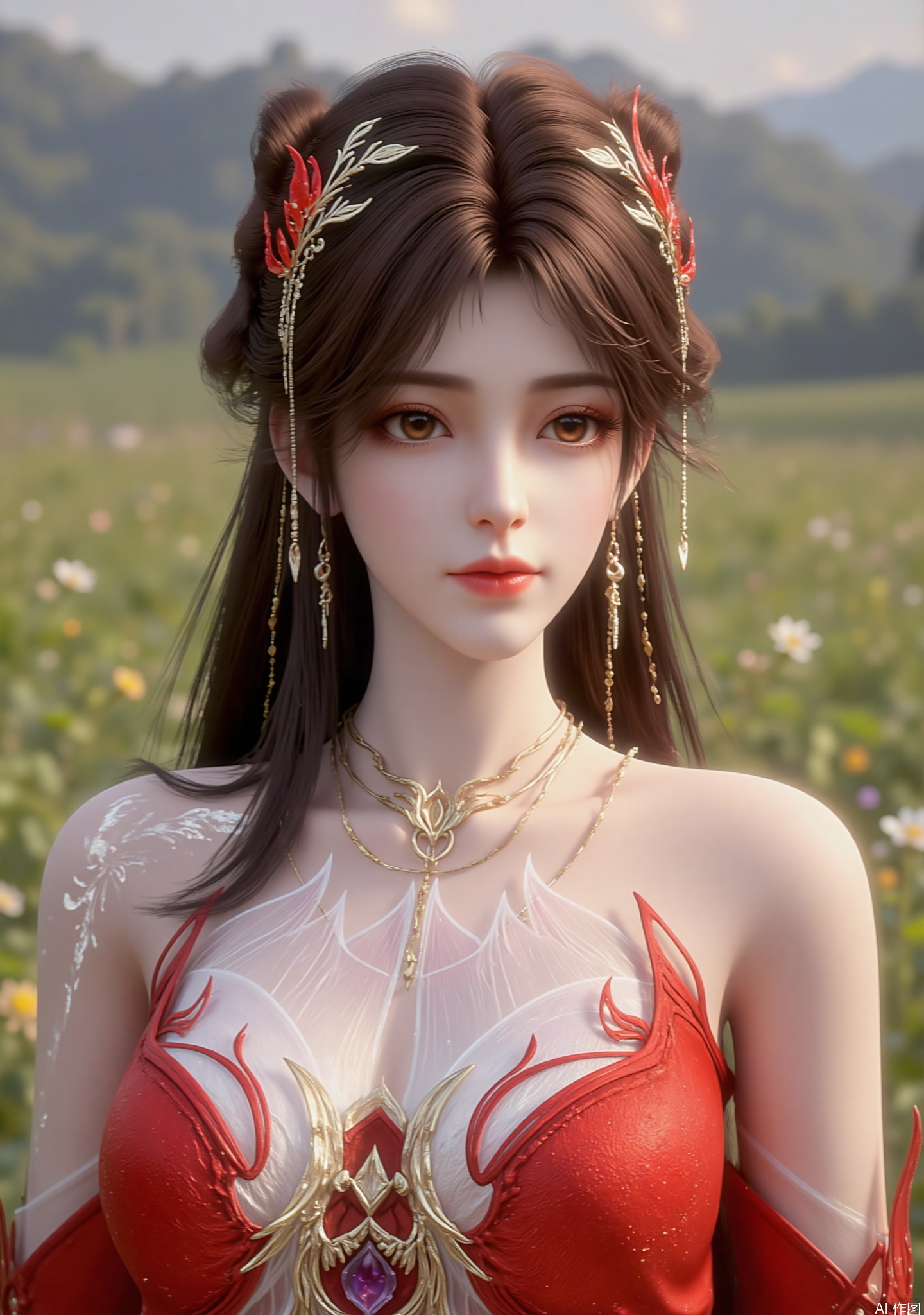 The image depicts a digitally rendered character with long, dark hair styled in an elegant manner, adorned with intricate red and gold accessories. The character is wearing a red garment with white and gold designs, which appear to be inspired by traditional or fantasy-themed aesthetics. The background is a natural setting with blurred greenery, suggesting an outdoor environment. The character's expression is calm and composed, with a slight smile.