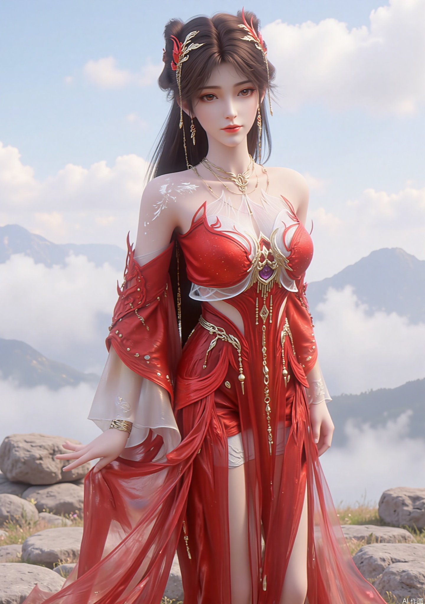 The image depicts a character standing against a backdrop of a cloudy sky. The character is dressed in an elaborate red and white outfit, adorned with intricate designs and gemstones. The outfit includes a sleeveless top with flame-like patterns and a flowing skirt. The character has long, wavy hair, styled with red and white accessories, and is wearing multiple bracelets and necklaces. The background features a serene, cloudy sky with distant mountain peaks.