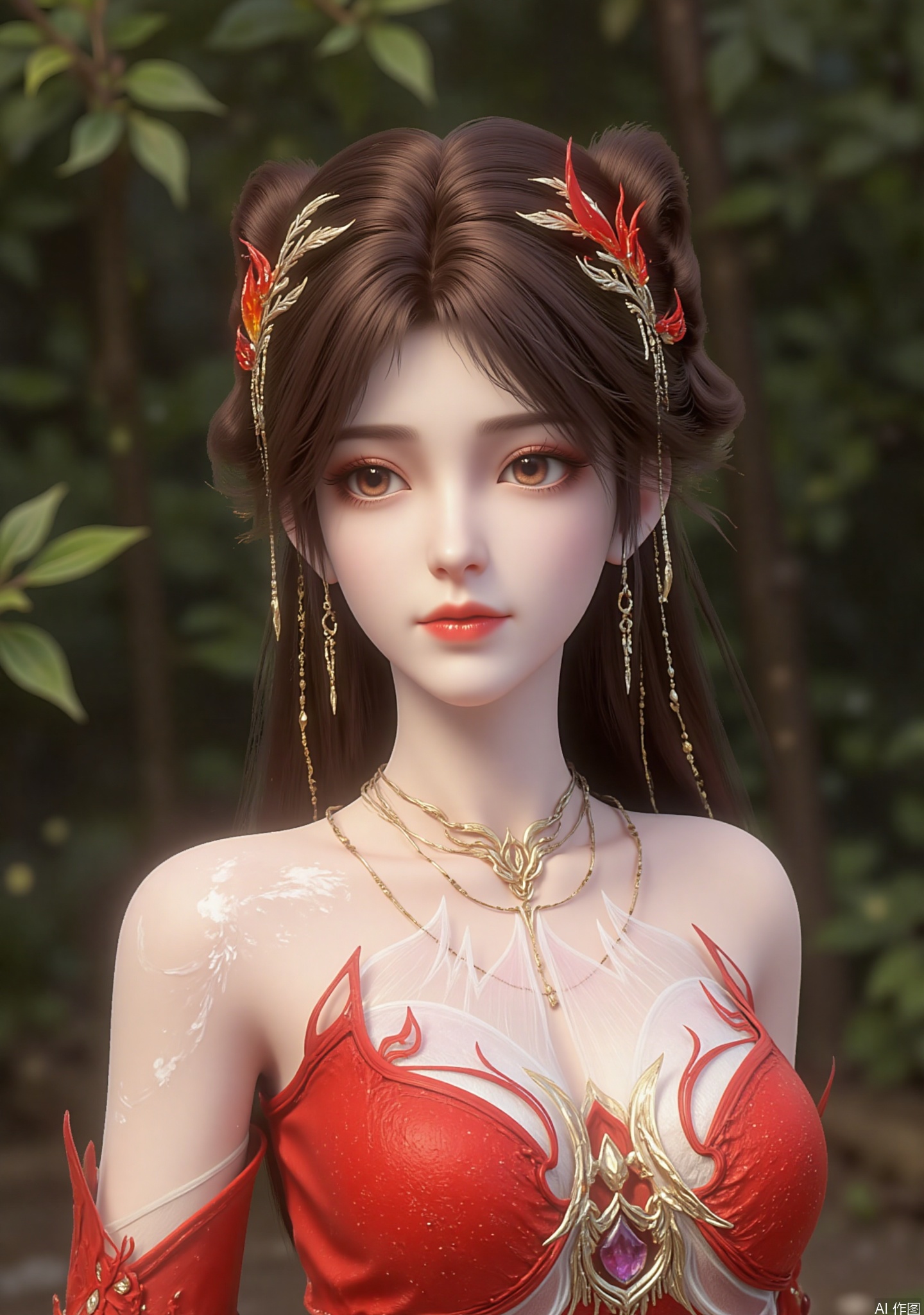 The image depicts a digitally rendered character with long, dark hair styled in an elegant manner, adorned with intricate red and gold accessories. The character is wearing a red garment with white and gold designs, which appear to be inspired by traditional or fantasy-themed aesthetics. The background is a natural setting with blurred greenery, suggesting an outdoor environment. The character's expression is calm and composed, with a slight smile.