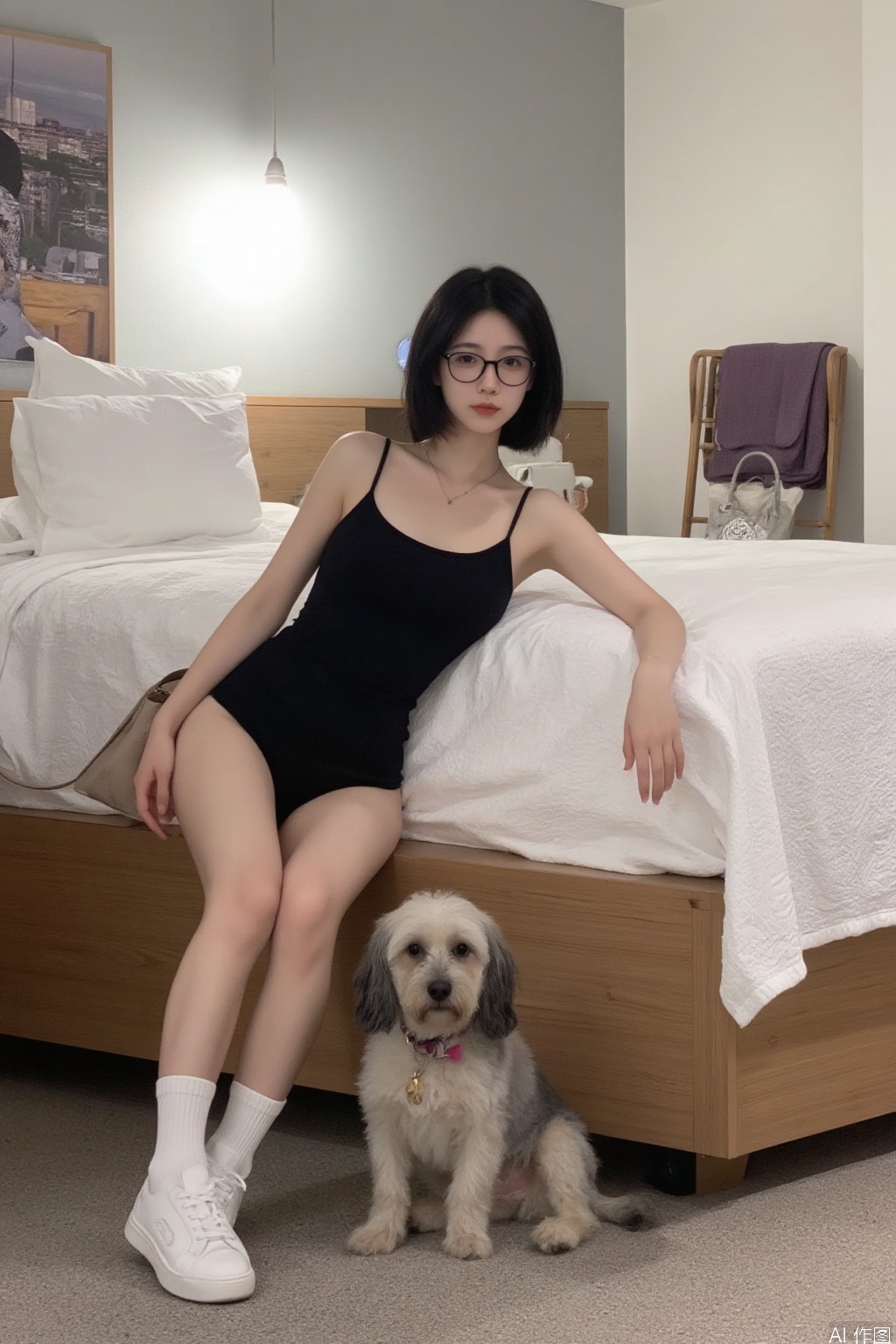 1 girl, single, black hair, swimsuit, glasses, socks, indoors, sitting on the floor next to the bed, leaning against the bed edge, necklace, bag, one-piece swimsuit, bed, dog, realistic