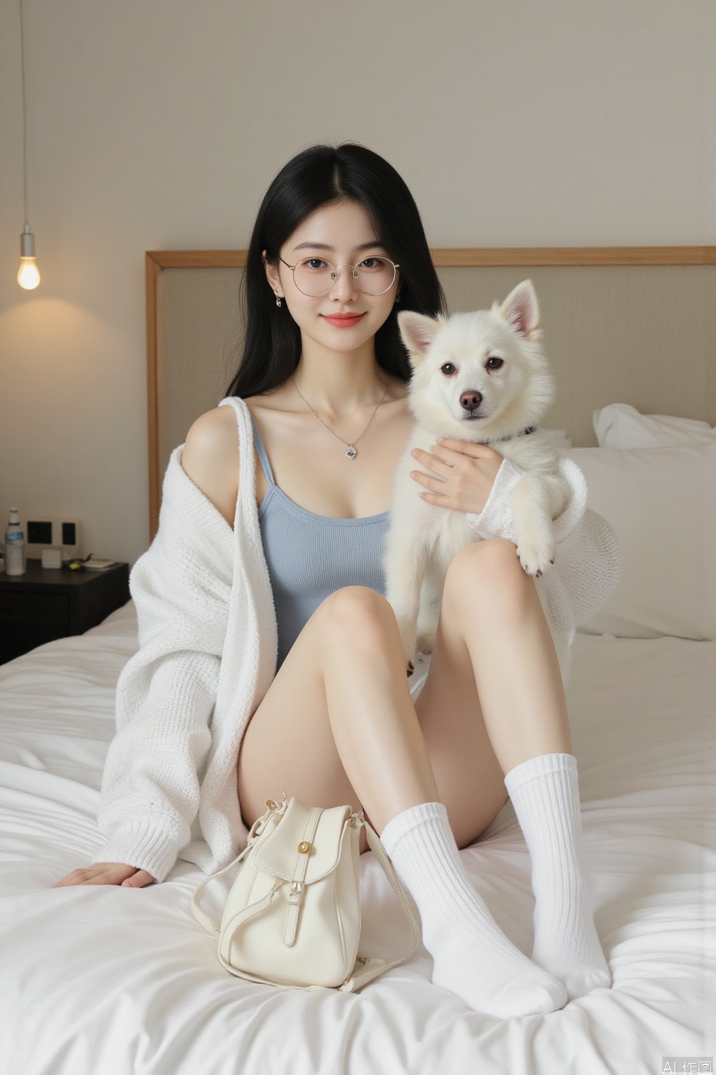 1girl, solo, black hair, swimsuit, glasses, socks, indoors, necklace, bag, one-piece swimsuit, bed, dog, realistic