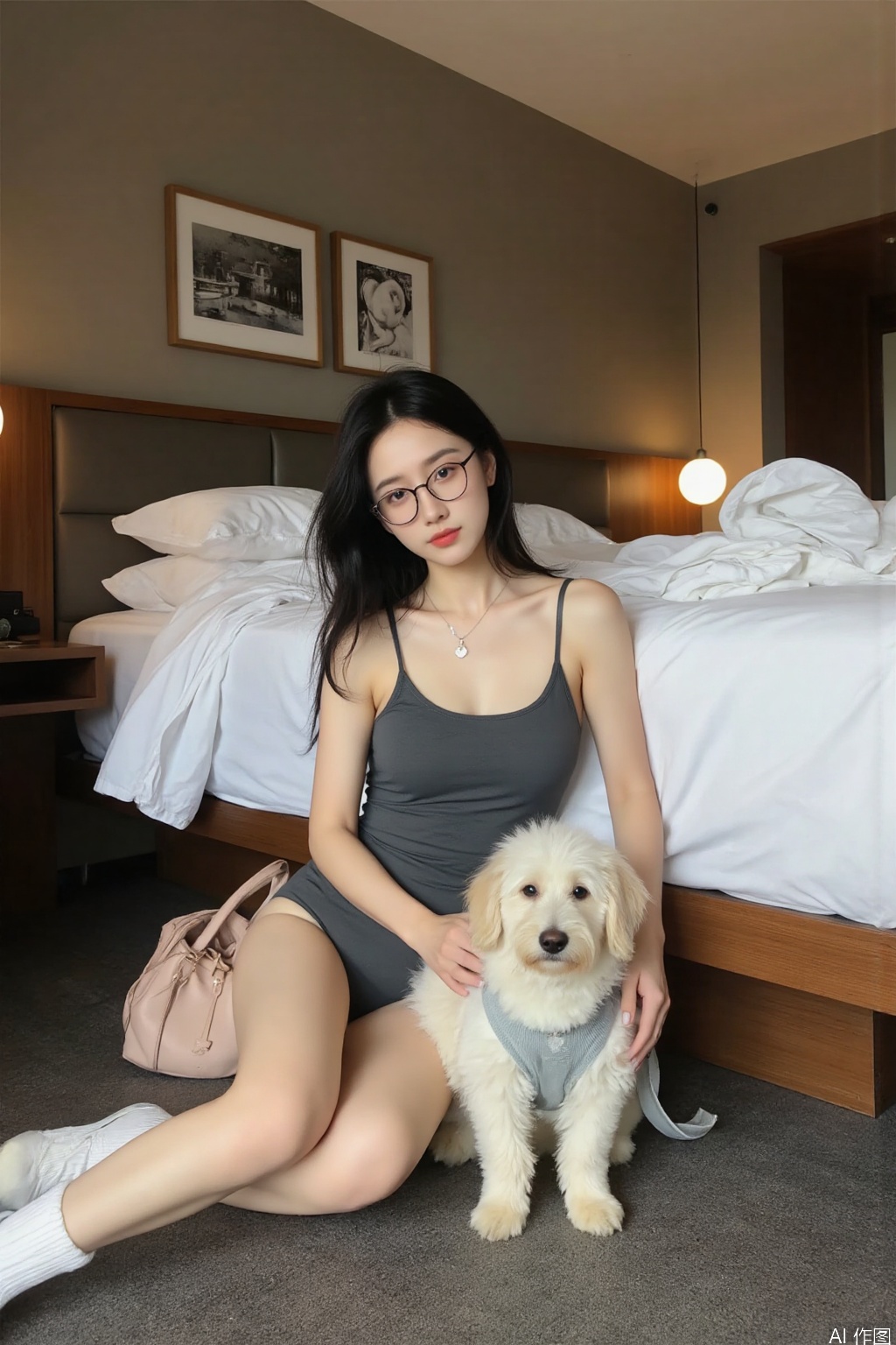 1 girl, single, black hair, swimsuit, glasses, socks, indoors, sitting on the floor next to the bed, leaning against the bed edge, necklace, bag, one-piece swimsuit, bed, dog, realistic