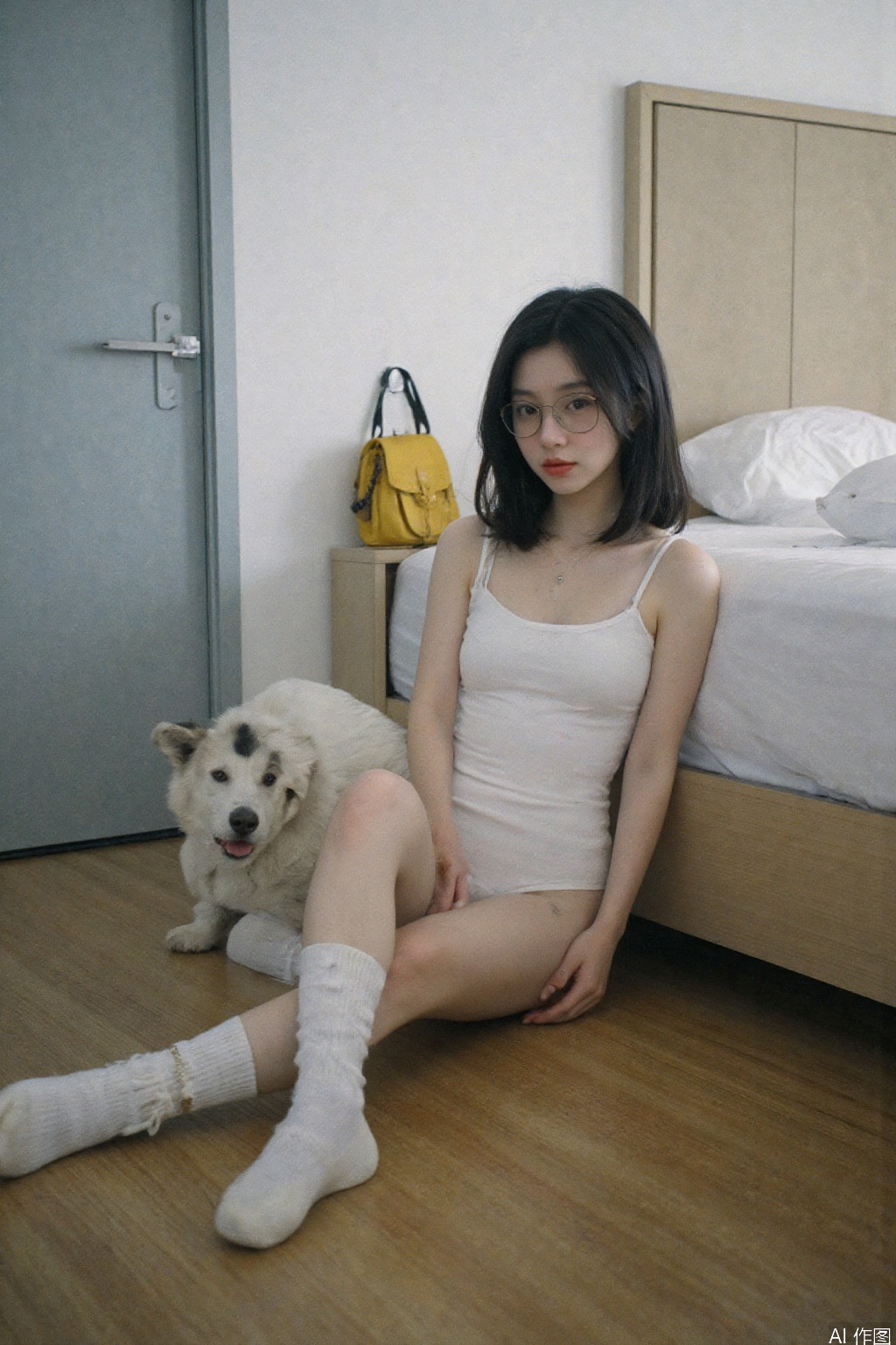 1 girl, single, black hair, swimsuit, glasses, socks, indoors, sitting on the floor next to the bed, leaning against the bed edge, necklace, bag, one-piece swimsuit, bed, dog, realistic