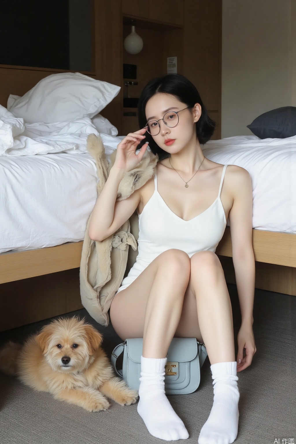 1 girl, single, black hair, swimsuit, glasses, socks, indoors, sitting on the floor next to the bed, leaning against the bed edge, necklace, bag, one-piece swimsuit, bed, dog, realistic
