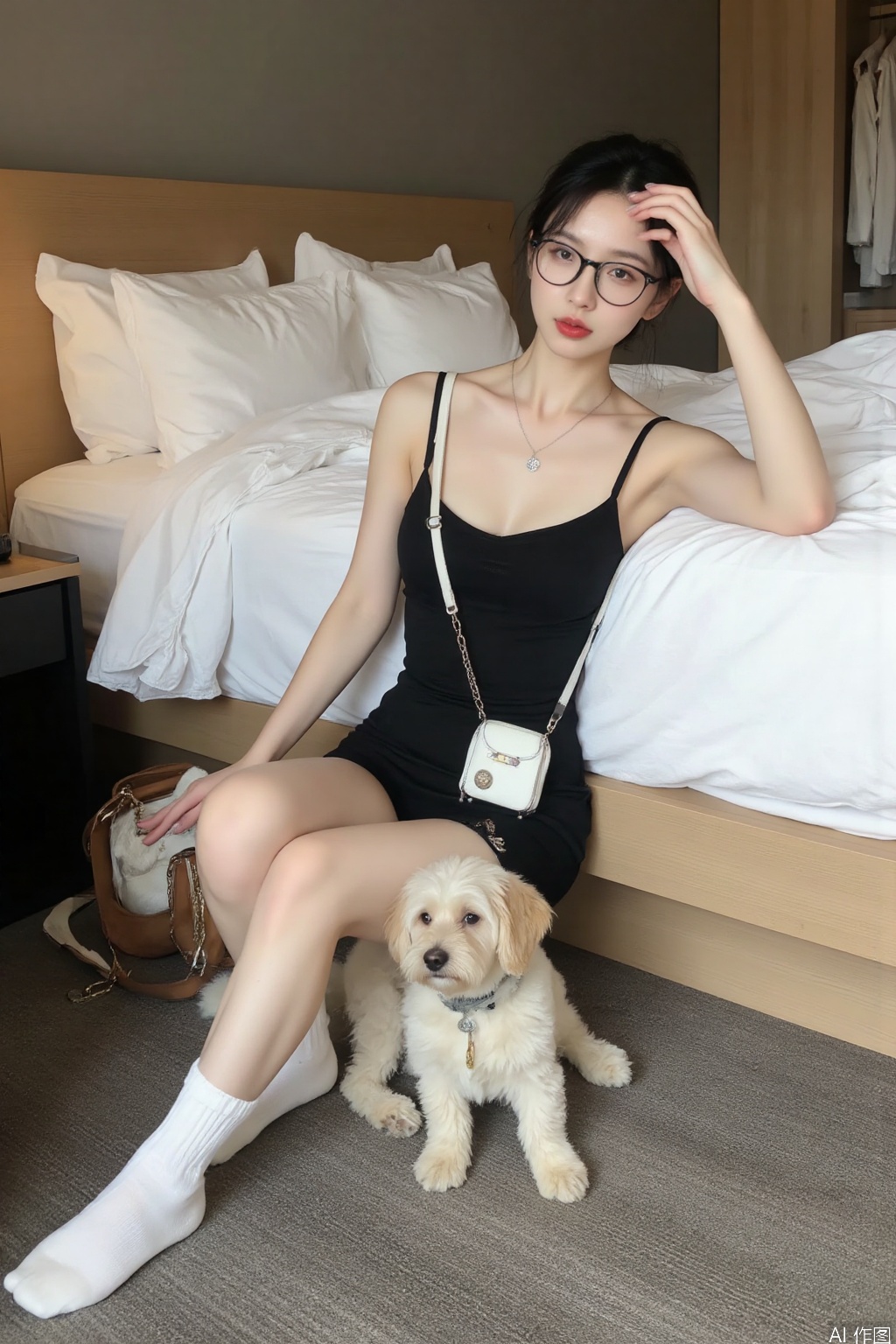 1 girl, single, black hair, swimsuit, glasses, socks, indoors, sitting on the floor next to the bed, leaning against the bed edge, necklace, bag, one-piece swimsuit, bed, dog, realistic