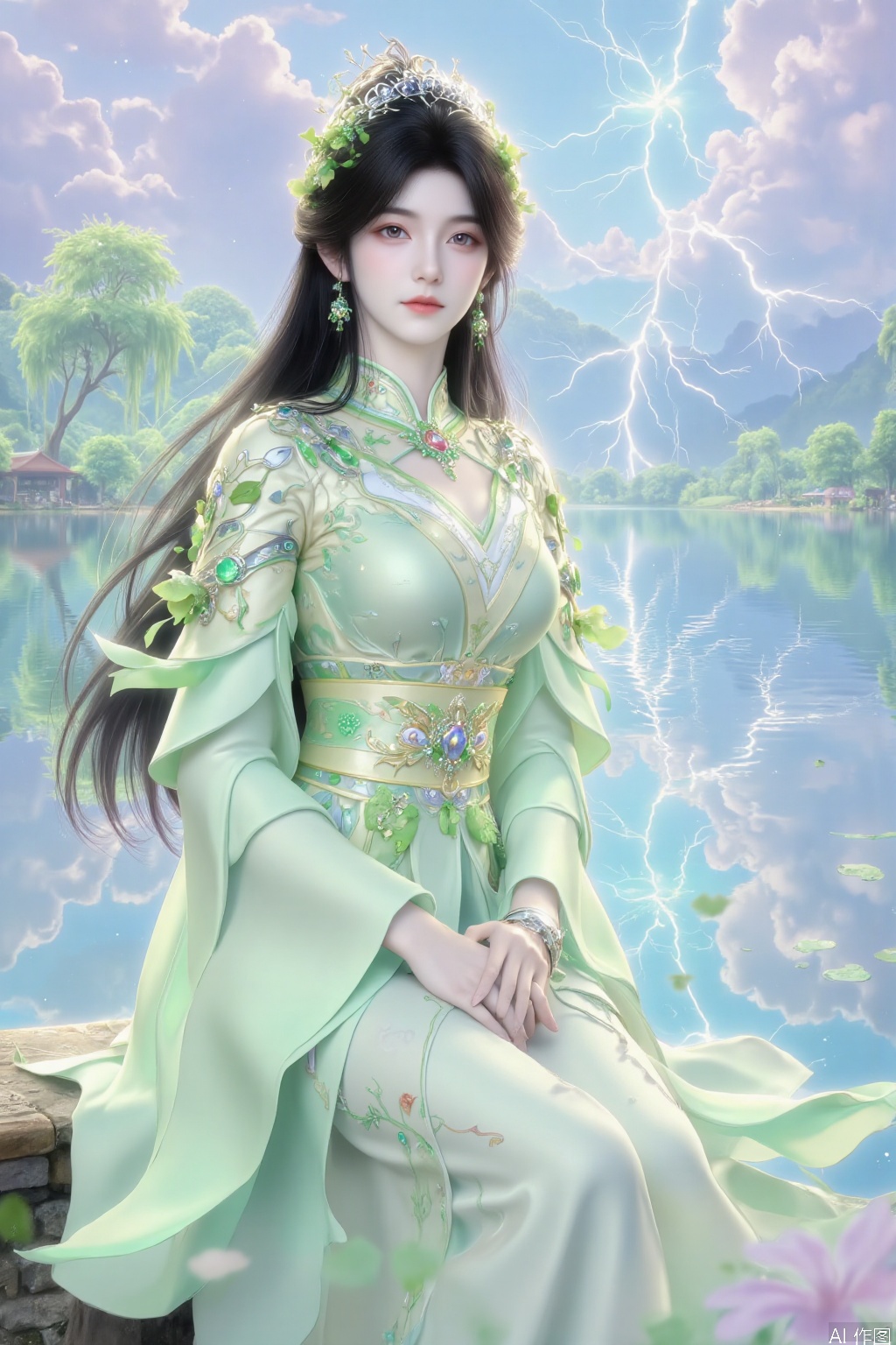In the beautiful background, a graceful beauty is sitting by the lake, and the breeze is blowing gently. Her long hair is as soft as willow branches and flutters gently with the wind. She is wearing a light long skirt, swaying lightly like a willow leaf, outlining her slender long legs with elegant and charming lines.

The background is a lake full of spring, weeping willows swaying, willow branches hanging down, willow leaves swaying gently with the wind, as if dancing for her. The lake is sparkling, reflecting the clouds in the sky and the beautiful images of willows. The whole scene is full of poetry and romance.

Suddenly, a flash of lightning flashed across the distant sky and instantly lit up the whole picture. The lightning is in sharp contrast with the soft background, as if adding a hint of mystery and strength to the beautiful scenery. Her eyes stared at the distance, her expression was calm, as if she were in harmony with the world, soft and powerful.

The whole picture combines soft willow leaves, willow branches and shocking lightning, showing the harmonious coexistence between nature and people, with both a beautiful artistic conception and a touch of dramatic tension. 1 girl, solo, long hair, black hair, hair accessories, long sleeves, dresses, jewelry, green eyes, earrings, belts, Hanfu, solo, long hair,  hair accessories, dresses, whole body, green high heels, belts, green dresses, Hanfu, streamers.