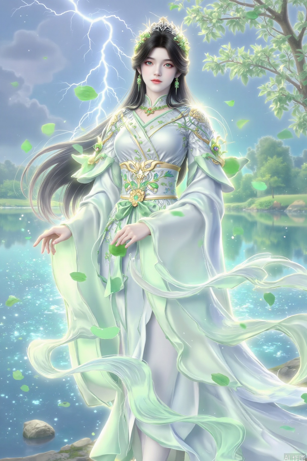 In the beautiful background, a graceful beauty stands by the lake, with a gentle breeze blowing, her long hair is as soft as willow branches, fluttering gently with the wind. She was wearing a light long skirt, which swayed lightly like willow leaves, outlining her slender long legs, with elegant and charming lines.

The background is a spring-filled lakeside, with weeping willows swaying, willow branches hanging down, and willow leaves sway gently in the wind, as if dancing for her. The lake is sparkling, reflecting the clouds in the sky and the beautiful shadows of willow trees. The whole scene is full of poetry and romance.

Suddenly, a lightning flashed through the sky in the distance, instantly illuminating the entire picture. The lightning light contrasts sharply with the soft background, as if adding a touch of mystery and power to the beauty. Her eyes stared into the distance, with a calm expression, as if they were integrated with the world, both soft and powerful.

The whole picture combines soft willow leaves, willow branches and shocking lightning, showing the harmonious coexistence between nature and man, with both an aesthetic artistic conception and a touch of dramatic tension.
1 girl, solo, long hair, black hair, hair accessories, long sleeves, dresses, jewelry, green eyes, earrings, belts, Hanfu, solo, long hair, hair accessories, dresses, whole body, green high heels, belts, green dresses, Hanfu, streamers.