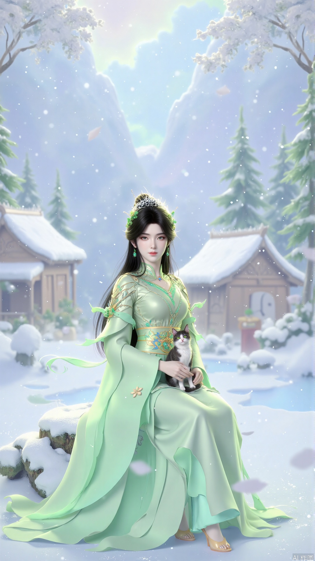 Zhang's realistic and surreal portraits present a 3D character landscape. A girl looked at the audience with a cat in her arms. The background is a small snow-covered village and ski resort. The scene includes pine trees and a small figure skiing on the snow-covered ground, captured in a dreamy film style, and the soft and fuzzy snowfall creates a quiet winter atmosphere. The composition adopts natural global illumination to enhance the magical realism. The image was presented in ultra-detail and ultra-high resolution in 4D, and was shot with Fuji color film aesthetics. With the help of the 85mm f/1.4 lens on the DSLR camera, the essence of a fantastic and story-rich micro-world is captured, and the macro art is integrated with vivid colors, bringing a fascinating and realistic visual experience. Whole body, long hair, sitting posture, highest quality, exquisite CG, water drops on hair, beautiful goddess, close-up, exquisite face, exquisite lips, exquisite eyes, exquisite nose, a girl .1 girl, solo, Long Hair, Black Hair, Hair Accessories, Long Sleeves, Dresses,  jewelry, green eyes, earrings, belts, Hanfu, solo, long hair, hair accessories, dresses, whole body, green high heels, belts, green dresses, Hanfu, streamers.