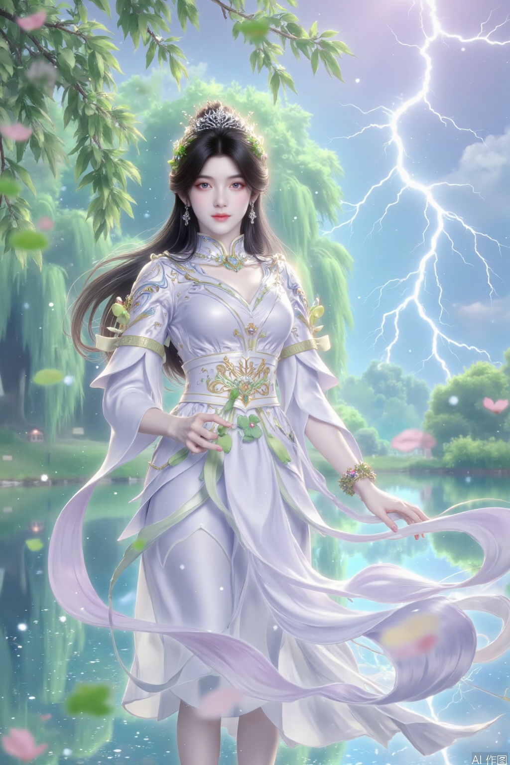 In the beautiful background, a graceful beauty stands by the lake, with a gentle breeze blowing, her long hair is as soft as willow branches, fluttering gently with the wind. She was wearing a light long skirt, which swayed lightly like willow leaves, outlining her slender long legs, with elegant and charming lines.

The background is a spring-filled lakeside, with weeping willows swaying, willow branches hanging down, and willow leaves sway gently in the wind, as if dancing for her. The lake is sparkling, reflecting the clouds in the sky and the beautiful shadows of willow trees. The whole scene is full of poetry and romance.

Suddenly, a lightning flashed through the sky in the distance, instantly illuminating the entire picture. The lightning light contrasts sharply with the soft background, as if adding a touch of mystery and power to the beauty. Her eyes stared into the distance, with a calm expression, as if they were integrated with the world, both soft and powerful.

The whole picture combines soft willow leaves, willow branches and shocking lightning, showing the harmonious coexistence between nature and man, with both an aesthetic artistic conception and a touch of dramatic tension.