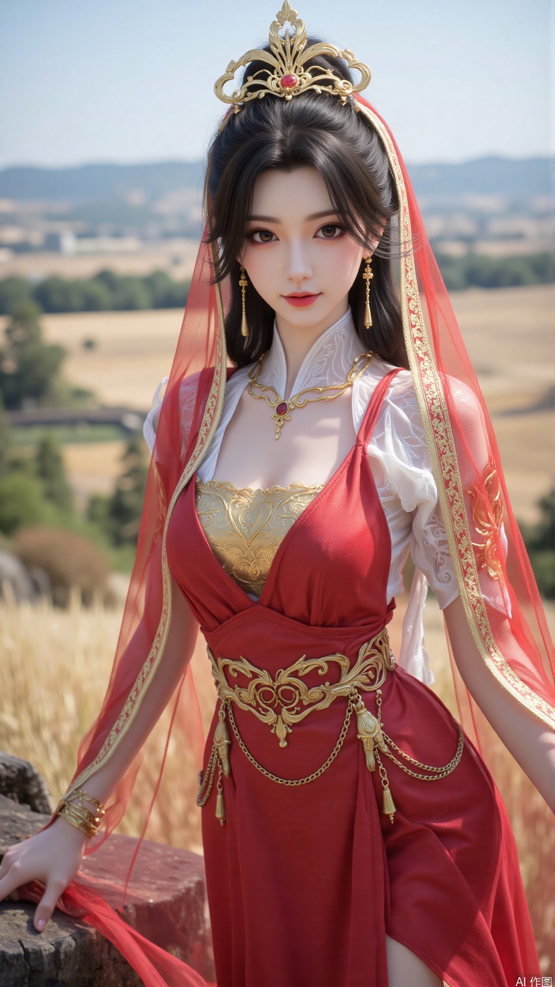 1girl, veil, dress, solo, jewelry, hair ornament, red dress, black hair, earrings, looking at viewer, mischevious smile, perfect body, scenery, sharp focus, best quality, masterpiece, detailed outfit, illustration, perfect eyes, finely detailed beautiful anime eyes, realistic skin, intricate details, best lighting, depth of field, ultra high resolution,cowboy shot