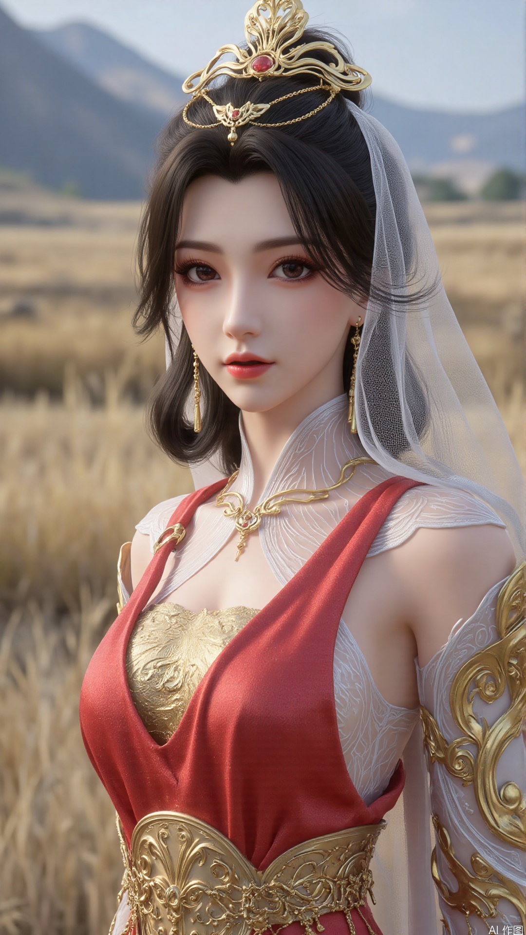 1girl, veil, dress, solo, jewelry, hair ornament, red dress, black hair, earrings, looking at viewer, mischevious smile, perfect body, scenery, sharp focus, best quality, masterpiece, detailed outfit, illustration, perfect eyes, finely detailed beautiful anime eyes, realistic skin, intricate details, best lighting, depth of field, ultra high resolution,cowboy shot