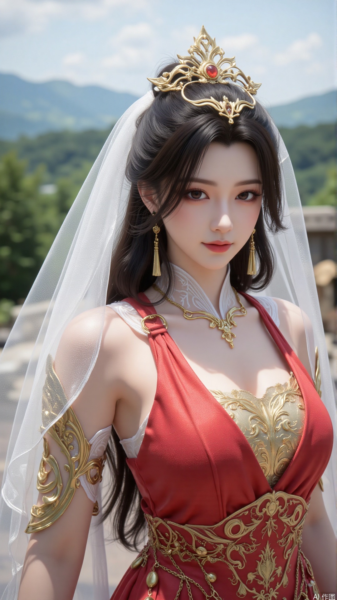 1girl, veil, dress, solo, jewelry, hair ornament, red dress, black hair, earrings, looking at viewer, mischevious smile, perfect body, scenery, sharp focus, best quality, masterpiece, detailed outfit, illustration, perfect eyes, finely detailed beautiful anime eyes, realistic skin, intricate details, best lighting, depth of field, ultra high resolution,cowboy shot