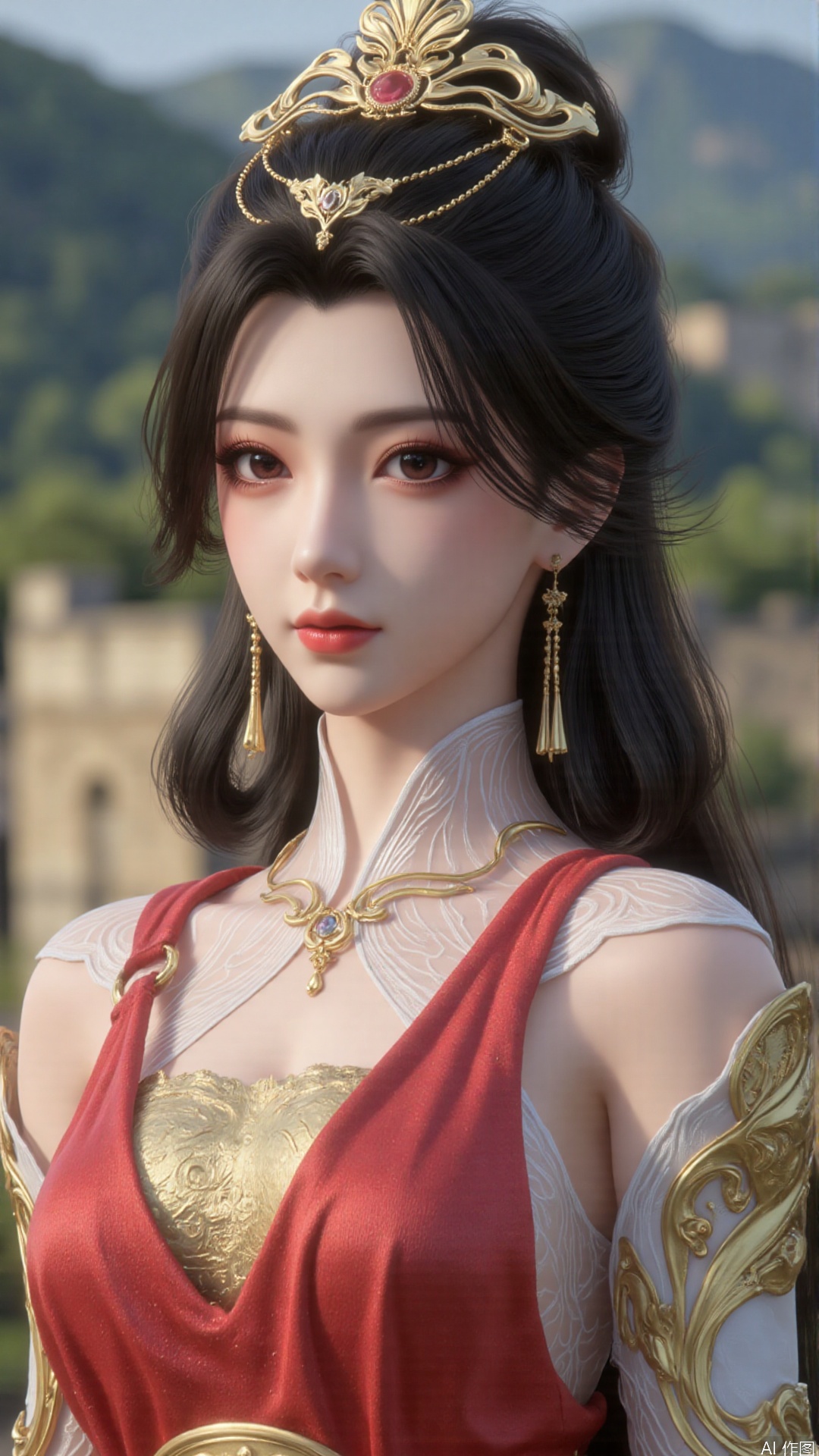 1girl, mouth veil, dress, solo, jewelry, hair ornament, red dress, black hair, earrings, looking at viewer, mischevious smile, perfect body, scenery, sharp focus, best quality, masterpiece, detailed outfit, illustration, perfect eyes, finely detailed beautiful anime eyes, realistic skin, intricate details, best lighting, depth of field, ultra high resolution,cowboy shot