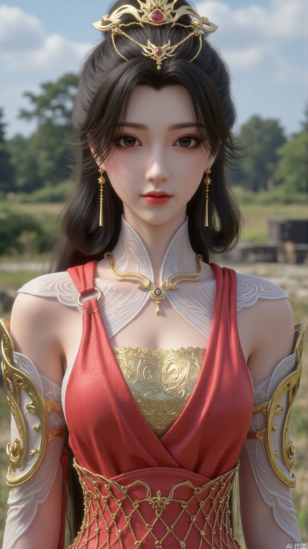 1girl, dress, solo, jewelry, hair ornament, red dress, black hair, earrings, looking at viewer, mischevious smile, perfect body, scenery, sharp focus, best quality, masterpiece, detailed outfit, illustration, perfect eyes, finely detailed beautiful anime eyes, realistic skin, intricate details, best lighting, depth of field, ultra high resolution,cowboy shot