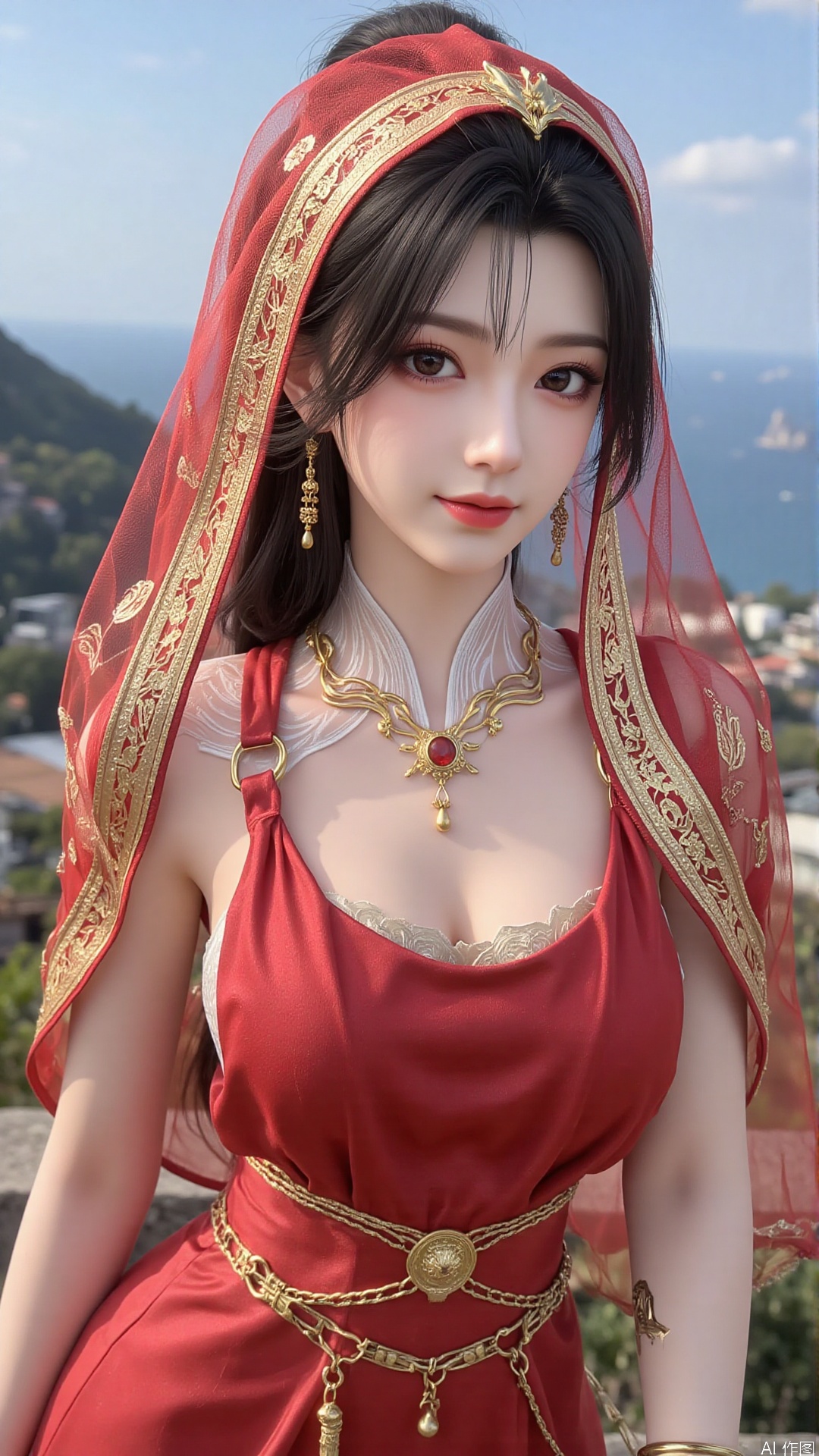 1girl, veil, dress, solo, jewelry, hair ornament, red dress, black hair, earrings, looking at viewer, mischevious smile, perfect body, scenery, sharp focus, best quality, masterpiece, detailed outfit, illustration, perfect eyes, finely detailed beautiful anime eyes, realistic skin, intricate details, best lighting, depth of field, ultra high resolution,cowboy shot