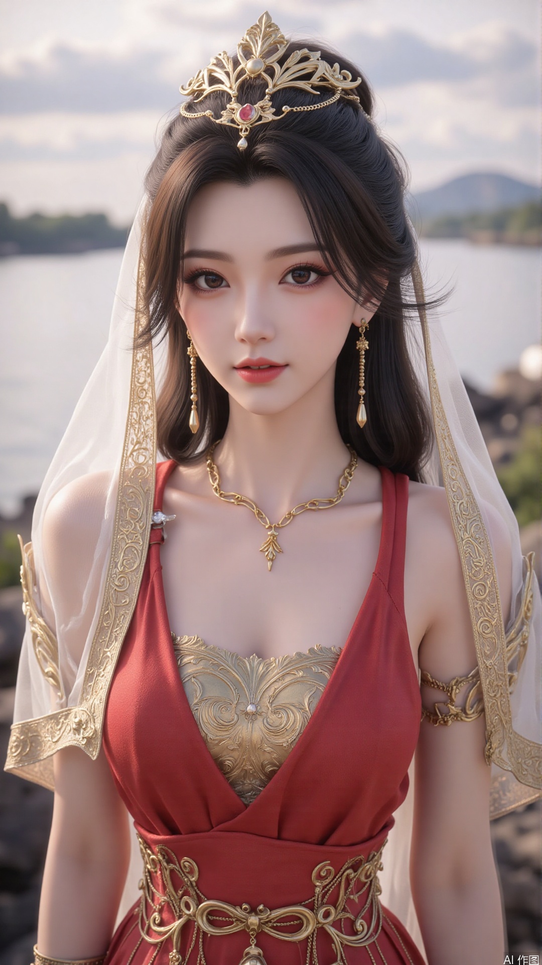 1girl, veil, dress, solo, jewelry, hair ornament, red dress, black hair, earrings, looking at viewer, mischevious smile, perfect body, scenery, sharp focus, best quality, masterpiece, detailed outfit, illustration, perfect eyes, finely detailed beautiful anime eyes, realistic skin, intricate details, best lighting, depth of field, ultra high resolution,cowboy shot