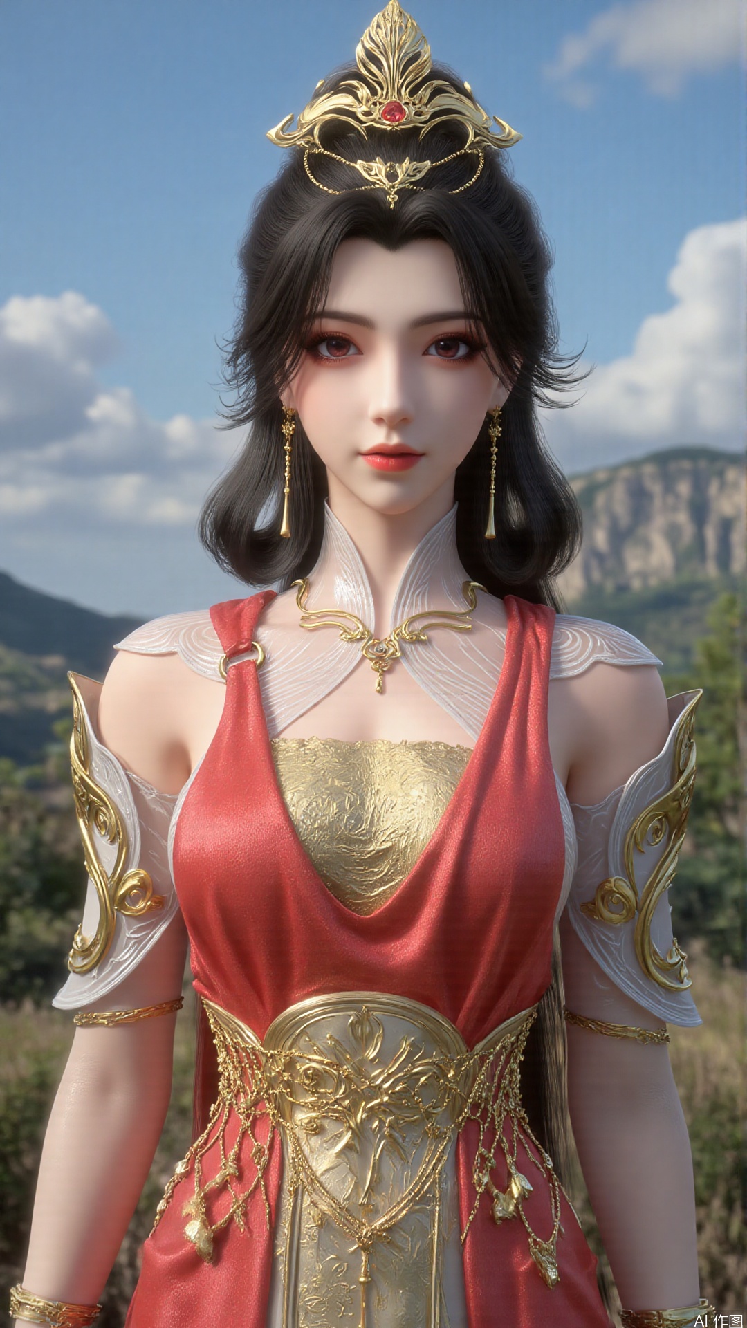 1girl, mouth veil, dress, solo, jewelry, hair ornament, red dress, black hair, earrings, looking at viewer, mischevious smile, perfect body, scenery, sharp focus, best quality, masterpiece, detailed outfit, illustration, perfect eyes, finely detailed beautiful anime eyes, realistic skin, intricate details, best lighting, depth of field, ultra high resolution,cowboy shot