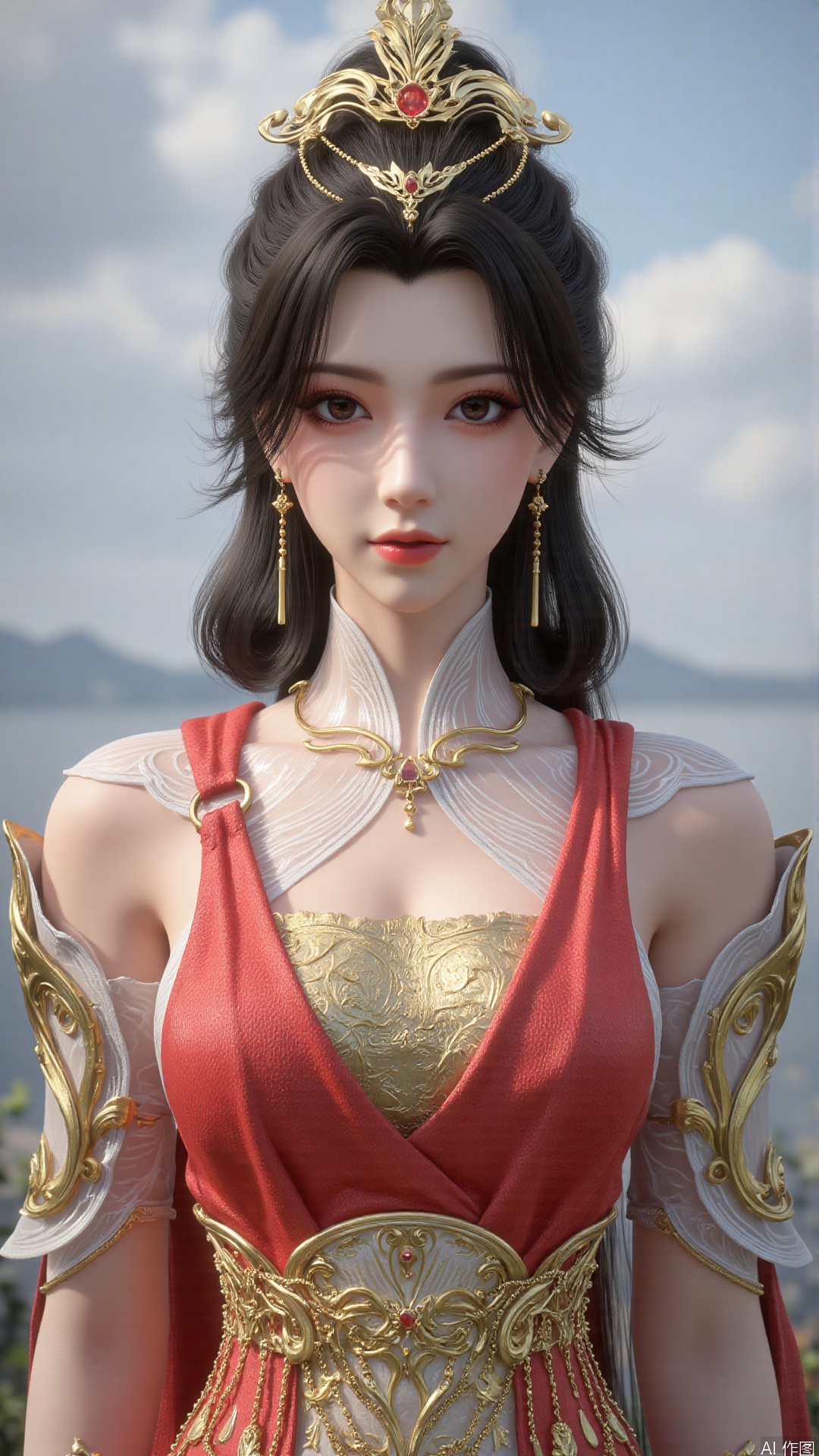 1girl, veil, dress, solo, jewelry, hair ornament, red dress, black hair, earrings, looking at viewer, mischevious smile, perfect body, scenery, sharp focus, best quality, masterpiece, detailed outfit, illustration, perfect eyes, finely detailed beautiful anime eyes, realistic skin, intricate details, best lighting, depth of field, ultra high resolution,cowboy shot